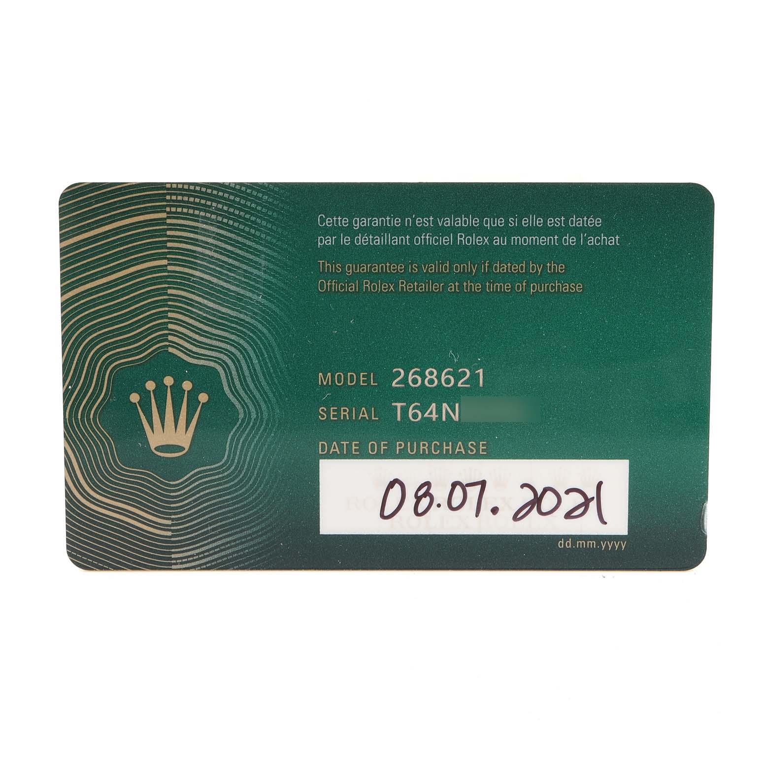 The image shows the warranty card for a Rolex Yacht-Master 268621 Men's Steel and Gold (two tone) Brown Dial 268621 Men's Steel and Gold (two tone) Brown Dial model watch.