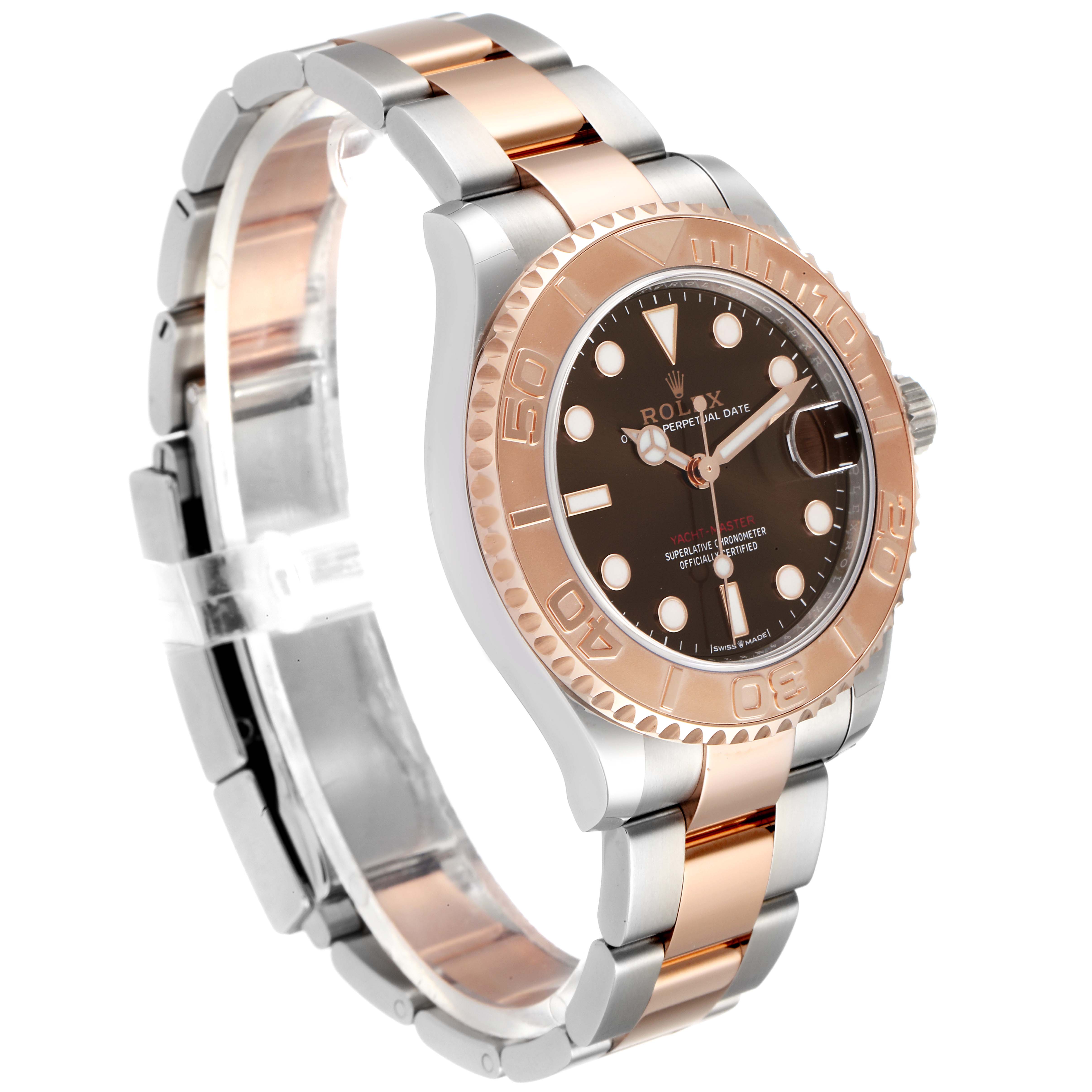The Rolex Yacht-Master 268621 Men's Steel and Gold (two tone) Brown Dial 268621 Men's Steel and Gold (two tone) Brown Dial watch is shown at an angled front view, highlighting its bezel, dial, and two-tone bracelet.