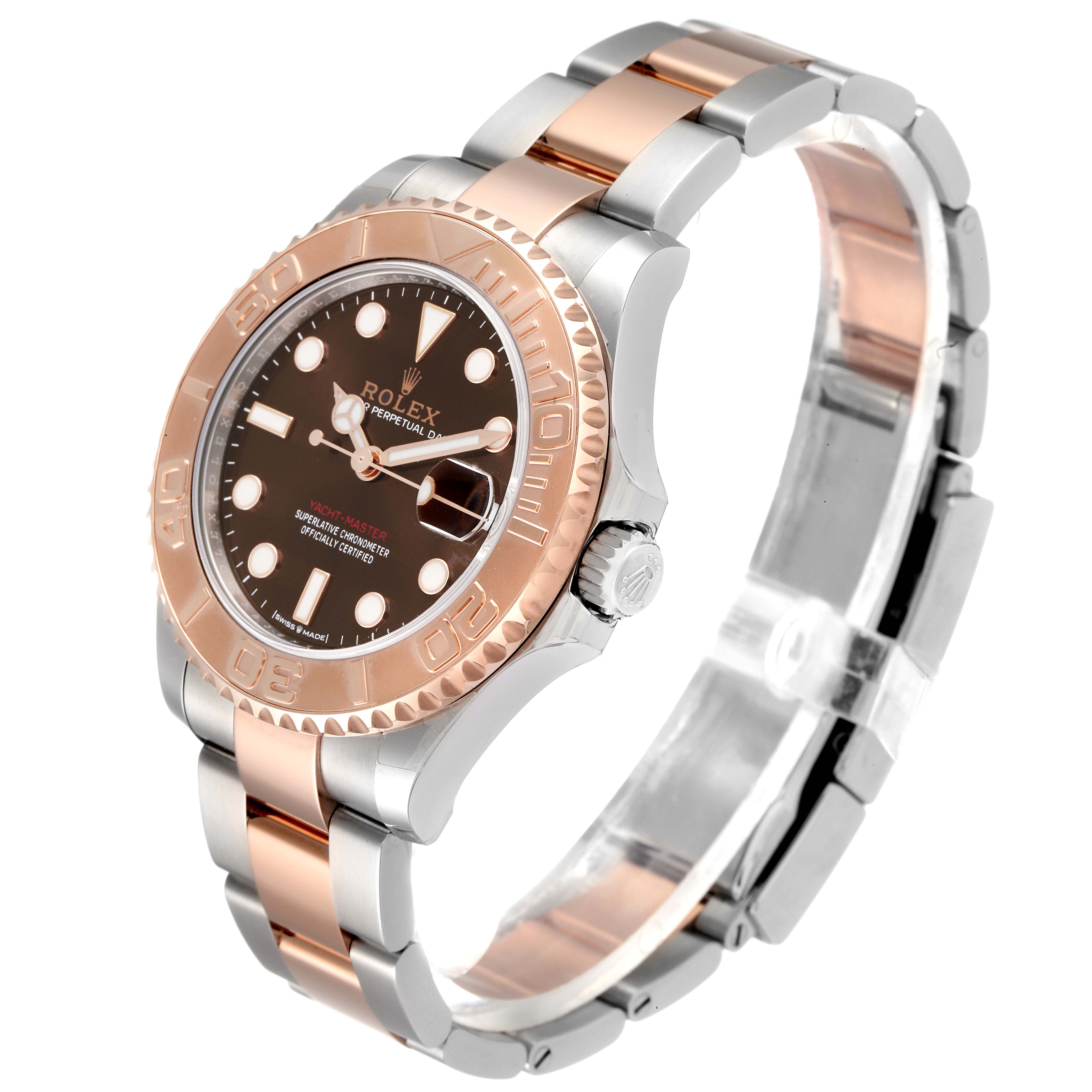 The image shows a Rolex Yacht-Master 268621 Men's Steel and Gold (two tone) Brown Dial 268621 Men's Steel and Gold (two tone) Brown Dial watch at a slight angle, highlighting its face, bezel, crown, and two-tone metal bracelet.