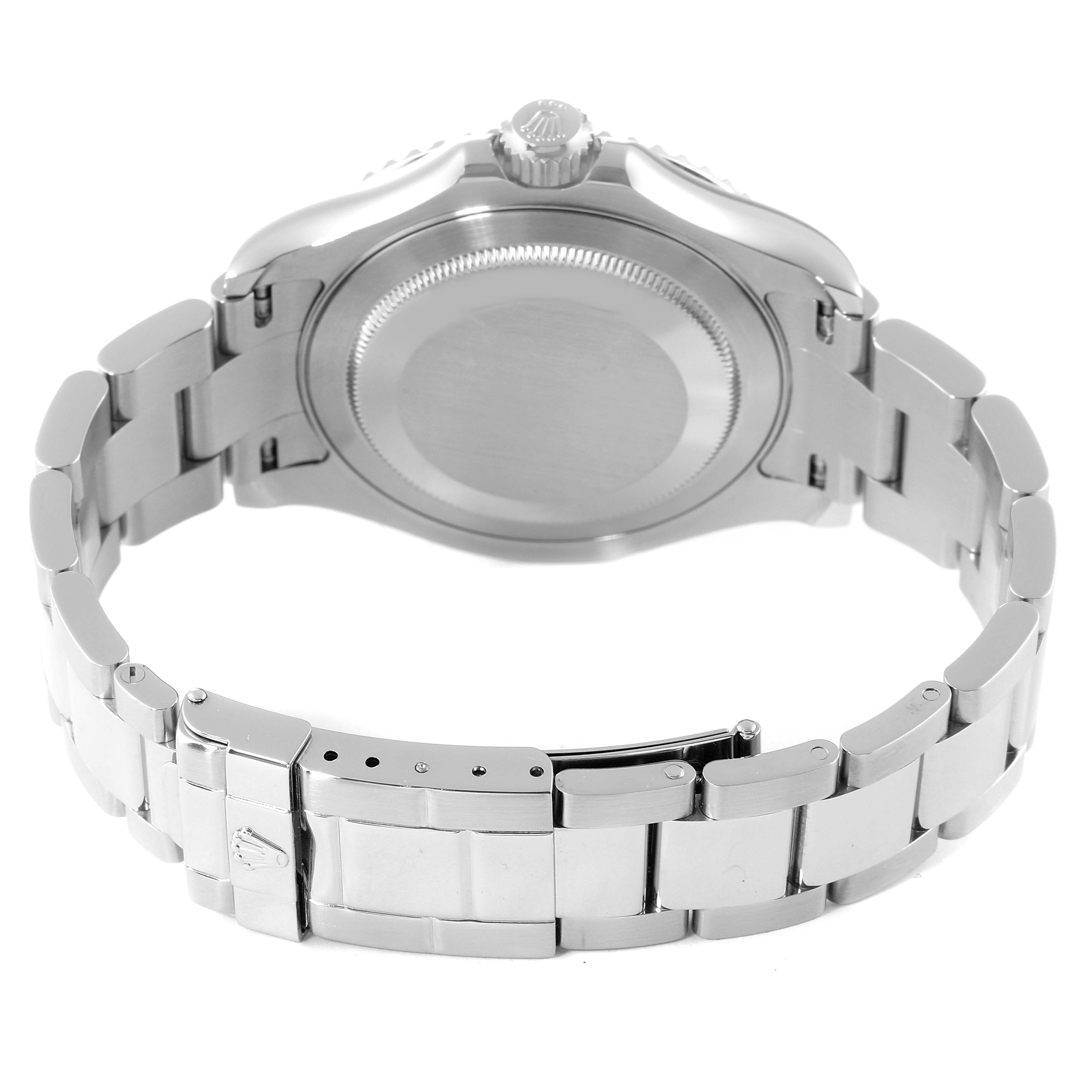 The image shows the back view of a Rolex Yacht-Master 16622 Men
s Stainless Steel Silver Dial 16622 Men
s Stainless Steel Silver Dial watch, highlighting the case back and the metal bracelet clasp.