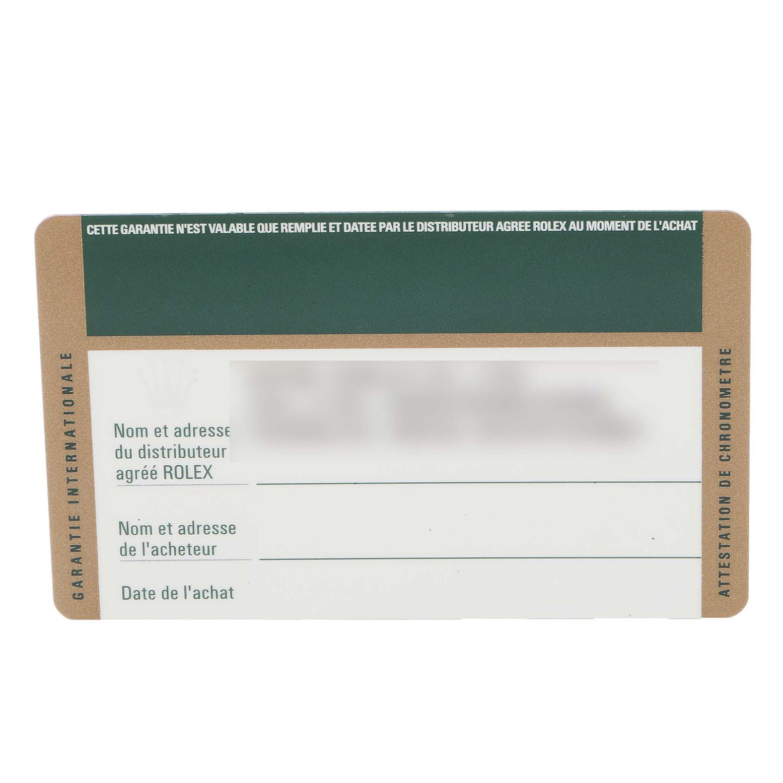 This image shows a Rolex Yacht-Master 16622 Men
s Stainless Steel Silver Dial 16622 Men
s Stainless Steel Silver Dial model warranty card viewed from the front.