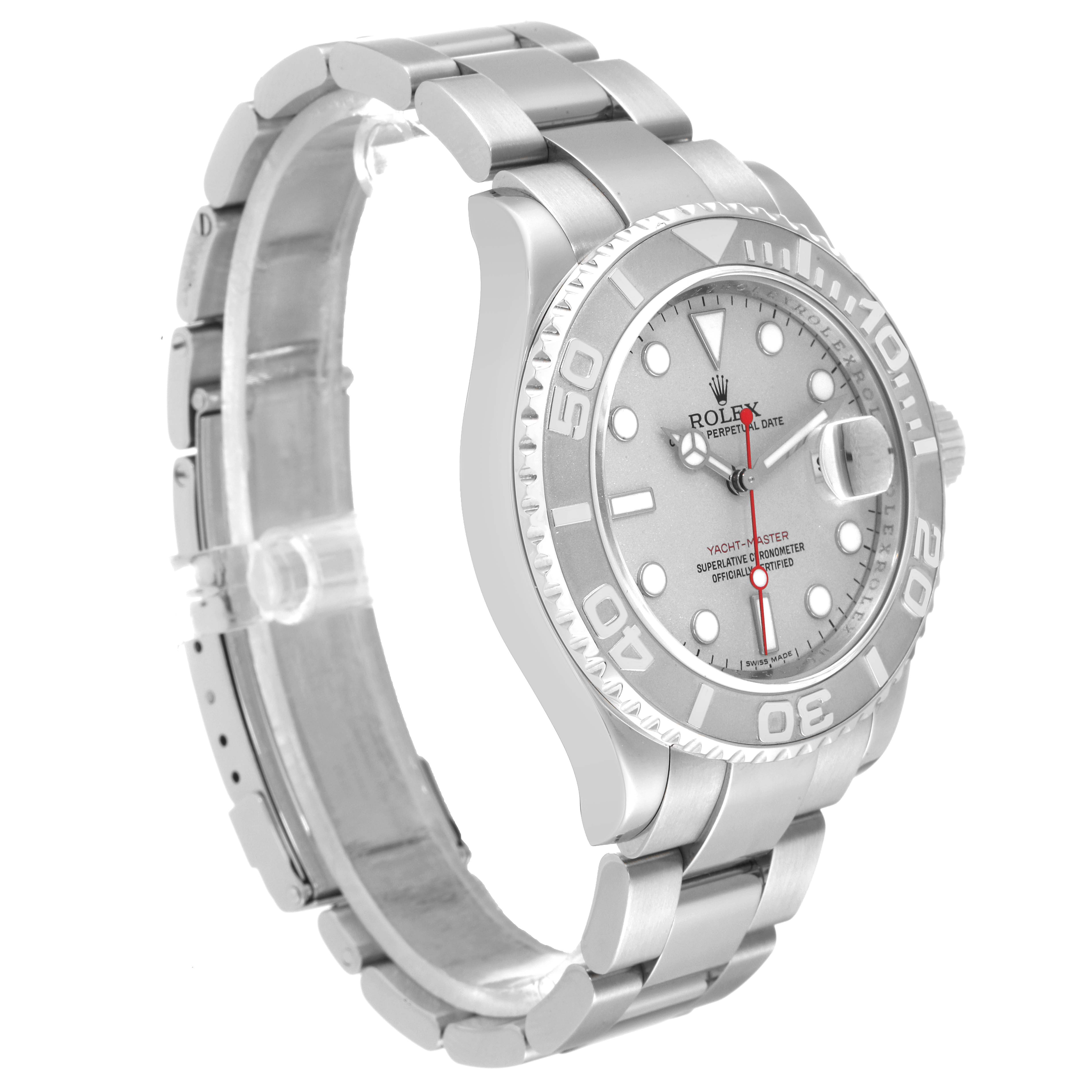 This Rolex Yacht-Master 16622 Men
s Stainless Steel Silver Dial 16622 Men
s Stainless Steel Silver Dial watch is shown at a three-quarter angle, highlighting the dial, bezel, crown, and bracelet.