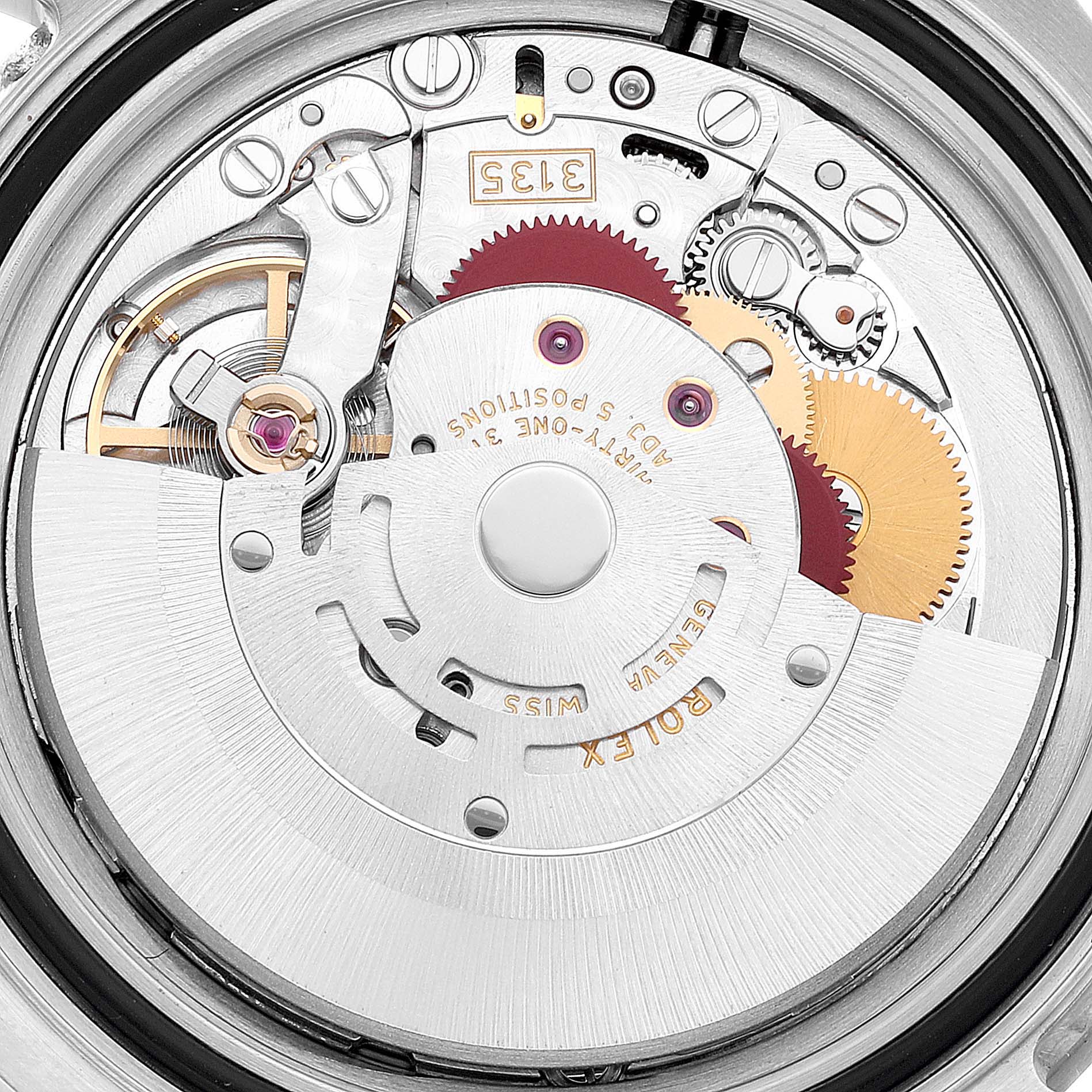 The image shows the internal mechanical components of a Rolex Yacht-Master 16622 Men
s Stainless Steel Silver Dial 16622 Men
s Stainless Steel Silver Dial watch from a macro perspective.