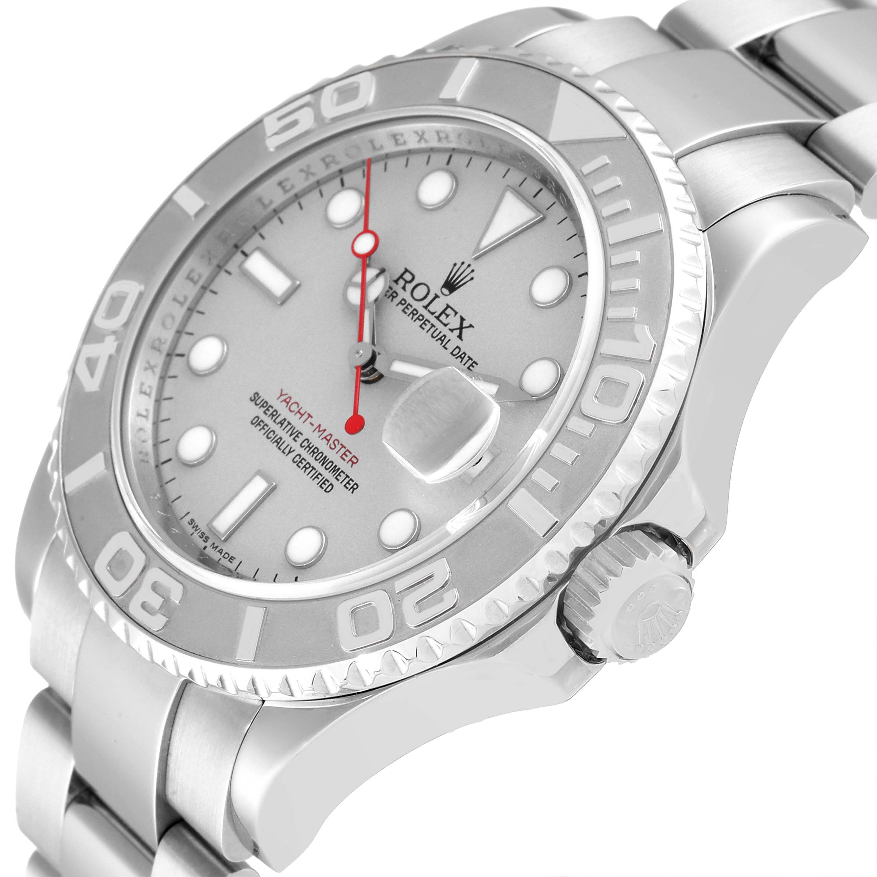 This image shows a close-up angled view of the Rolex Yacht-Master 16622 Men
s Stainless Steel Silver Dial 16622 Men
s Stainless Steel Silver Dial watch, highlighting its bezel, dial, crown, and bracelet.