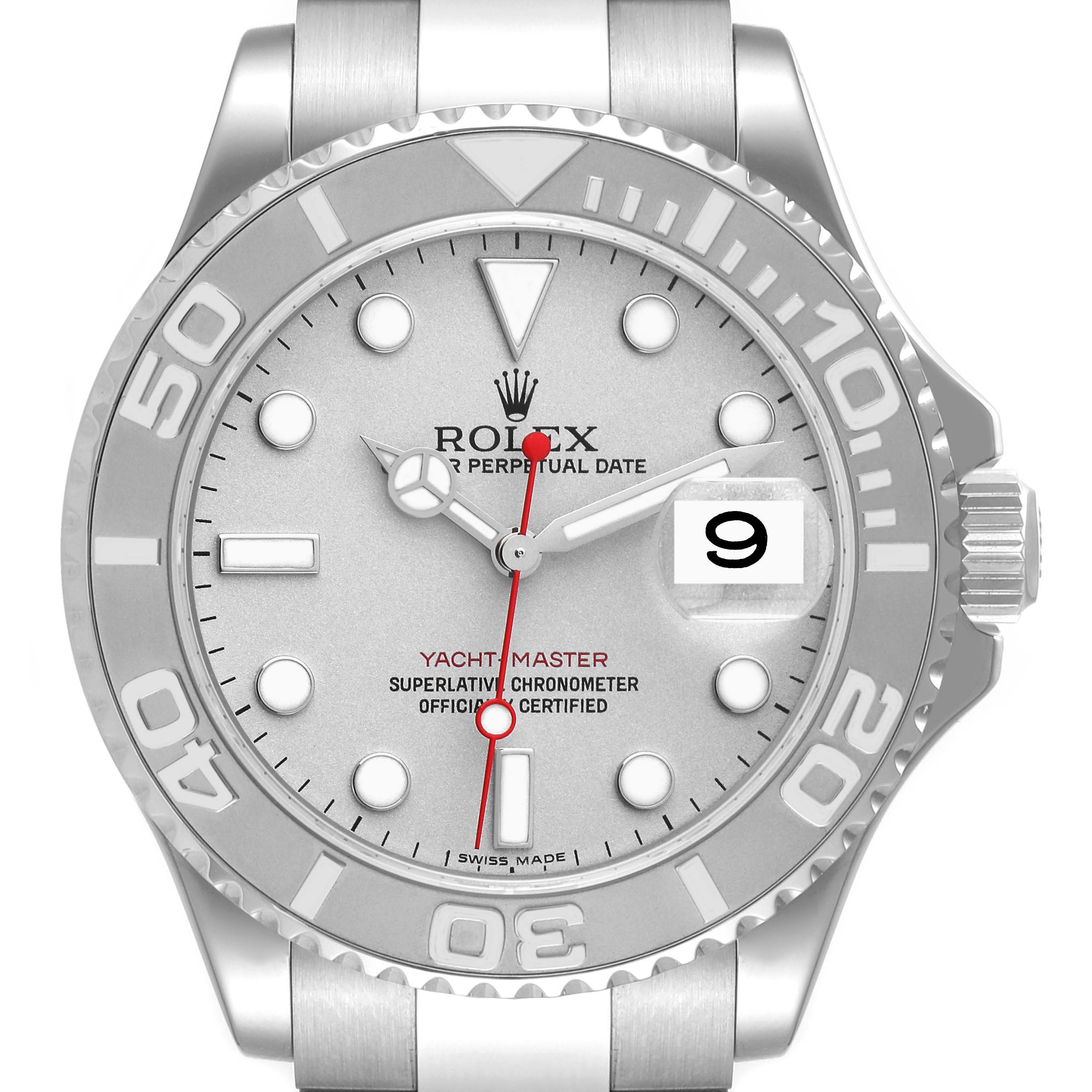 This is a front view of the Rolex Yacht-Master 16622 Men
s Stainless Steel Silver Dial 16622 Men
s Stainless Steel Silver Dial watch displaying the dial, bezel, hands, bracelet, and date window.