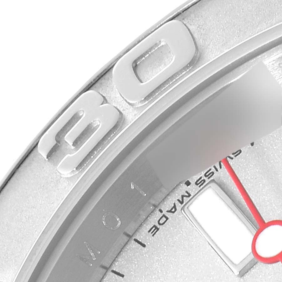 This image shows a close-up angle of the bezel and dial of a Rolex Yacht-Master 16622 Men
s Stainless Steel Silver Dial 16622 Men
s Stainless Steel Silver Dial watch.