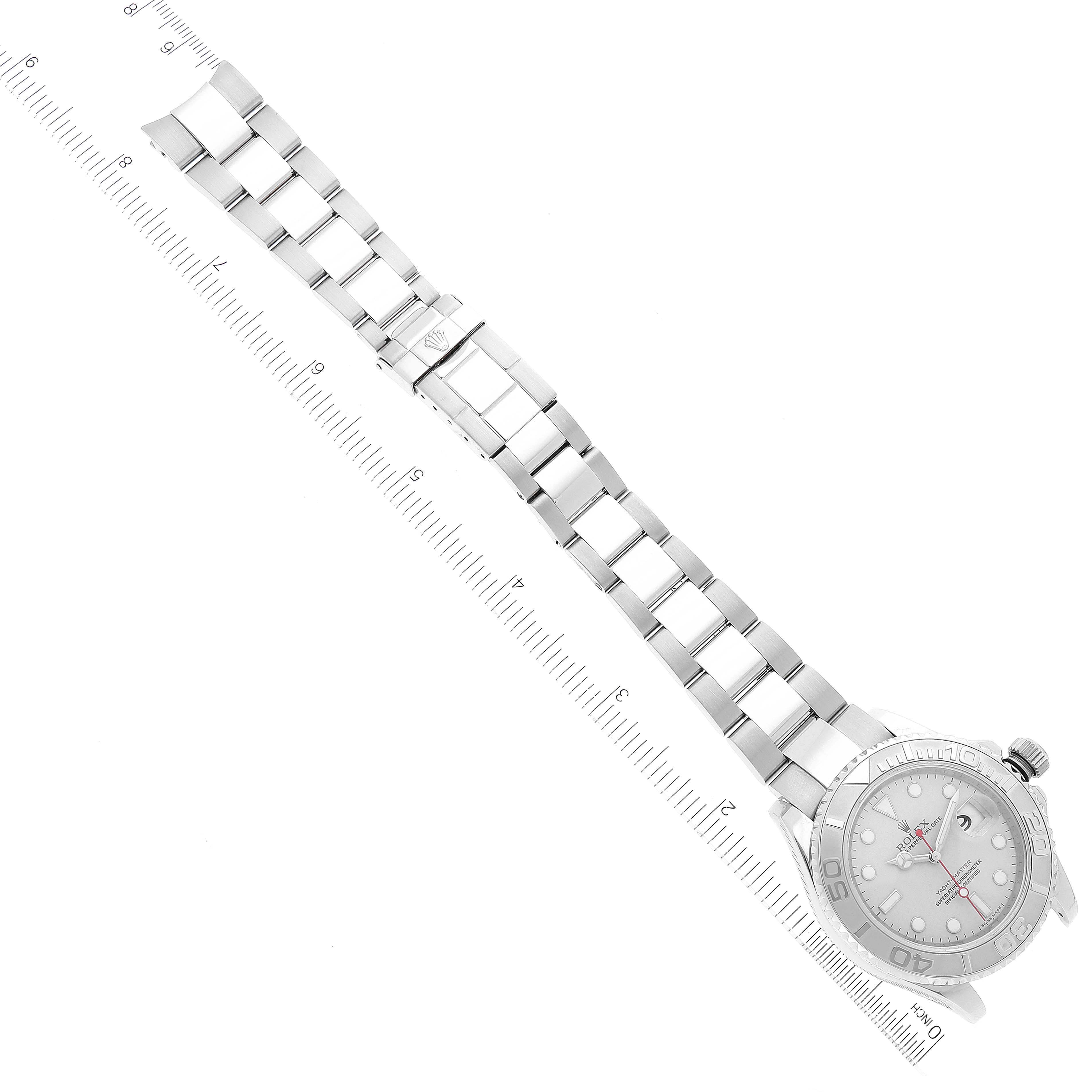 The Rolex Yacht-Master 16622 Men
s Stainless Steel Silver Dial 16622 Men
s Stainless Steel Silver Dial watch is shown from above, displaying the face, bracelet, and clasp.