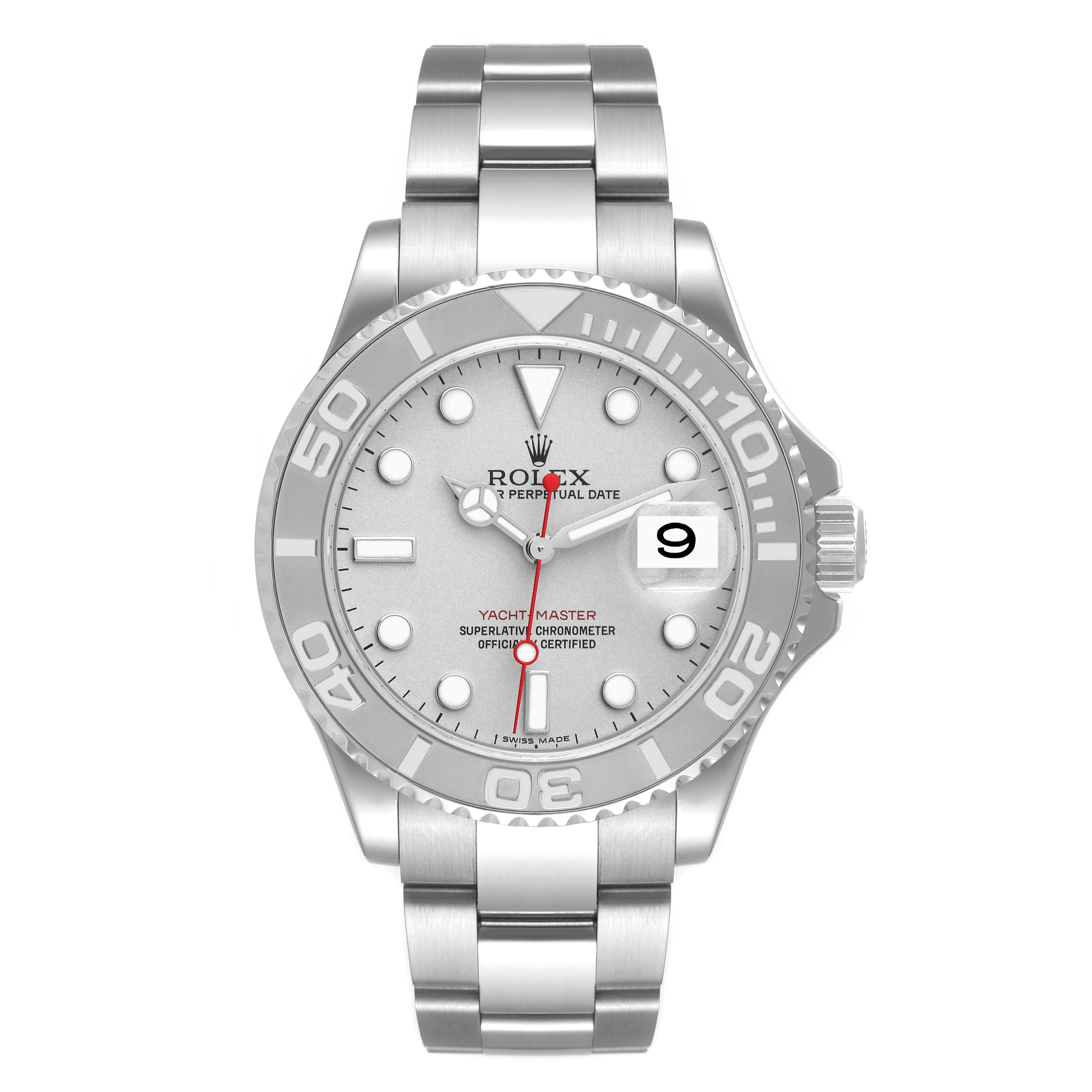 The image shows a front view of a Rolex Yacht-Master 16622 Men
s Stainless Steel Silver Dial 16622 Men
s Stainless Steel Silver Dial watch, featuring its bezel, dial, and bracelet.