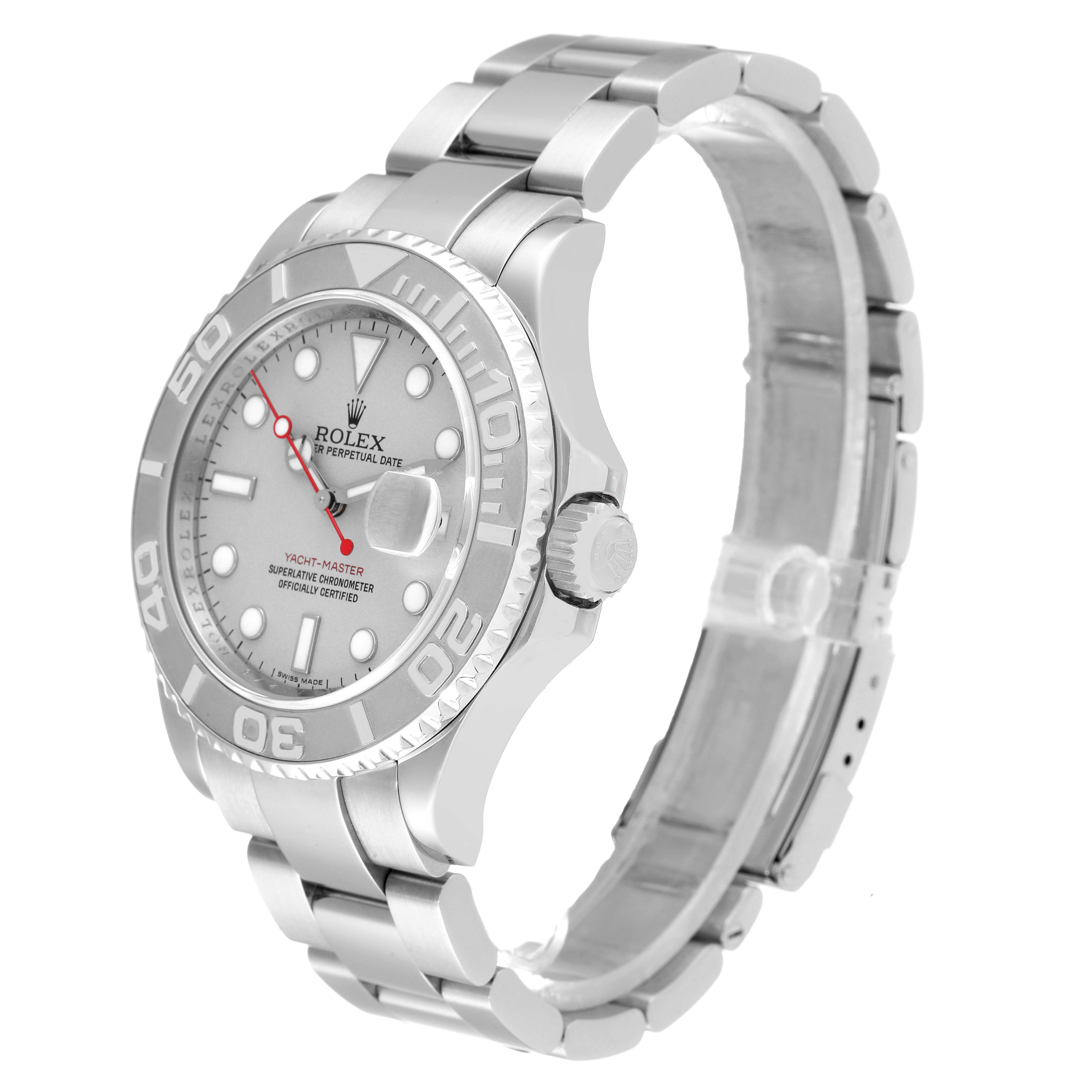 This image shows the Rolex Yacht-Master 16622 Men
s Stainless Steel Silver Dial 16622 Men
s Stainless Steel Silver Dial watch angled to display the face, bezel, crown, and part of the bracelet.