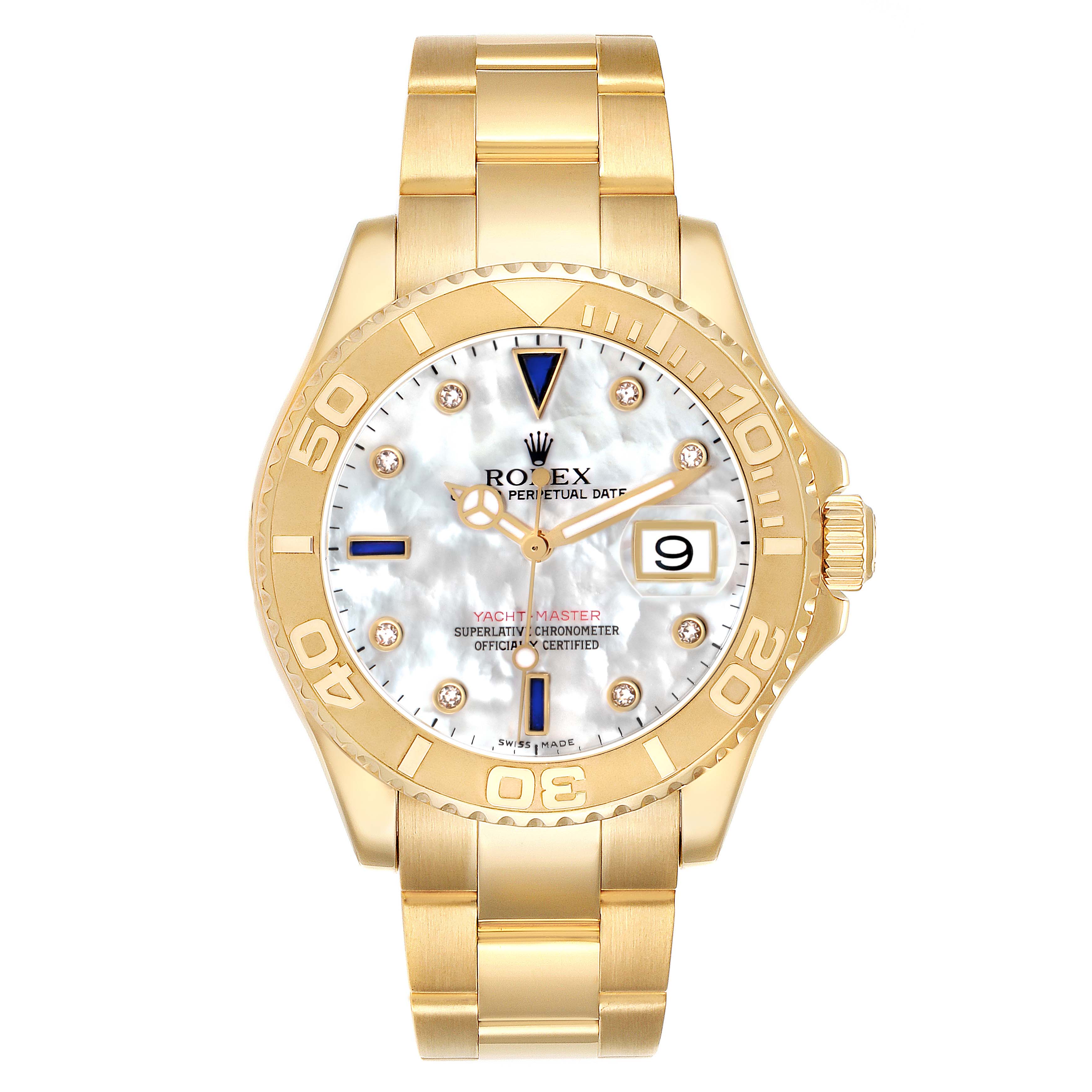 The Rolex Yacht-Master 16628 Men
s Yellow Gold Mother of Pearl Dial 16628 Men
s Yellow Gold Mother of Pearl Dial watch is shown from the front, highlighting its dial, bezel, and bracelet.