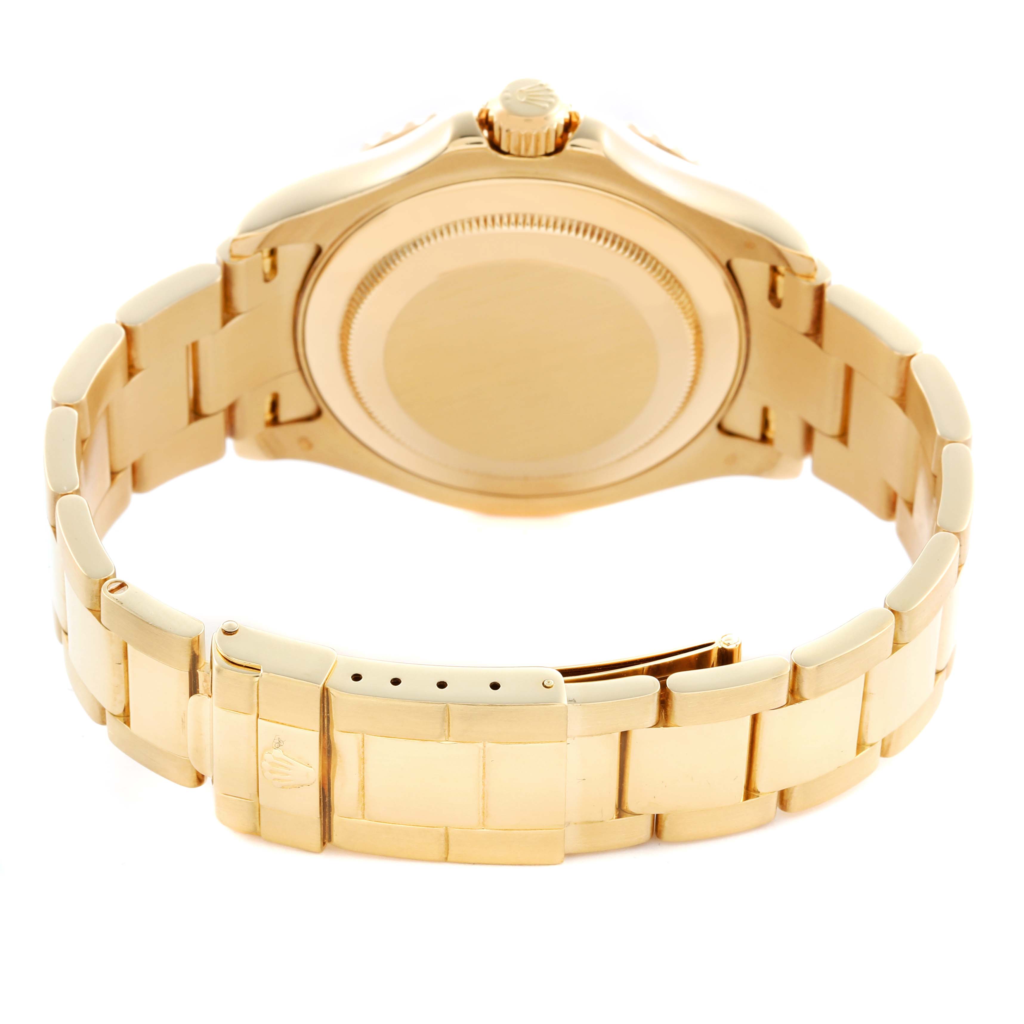 The image shows the back case and bracelet of a Rolex Yacht-Master 16628 Men
s Yellow Gold Mother of Pearl Dial 16628 Men
s Yellow Gold Mother of Pearl Dial watch from a rear angle.