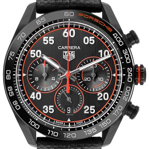 The Tag Heuer Carrera CBN2A1M.FC6526 Men's Stainless Steel Black Dial watch is shown from the front, highlighting the dial, subdials, and bezel details.
