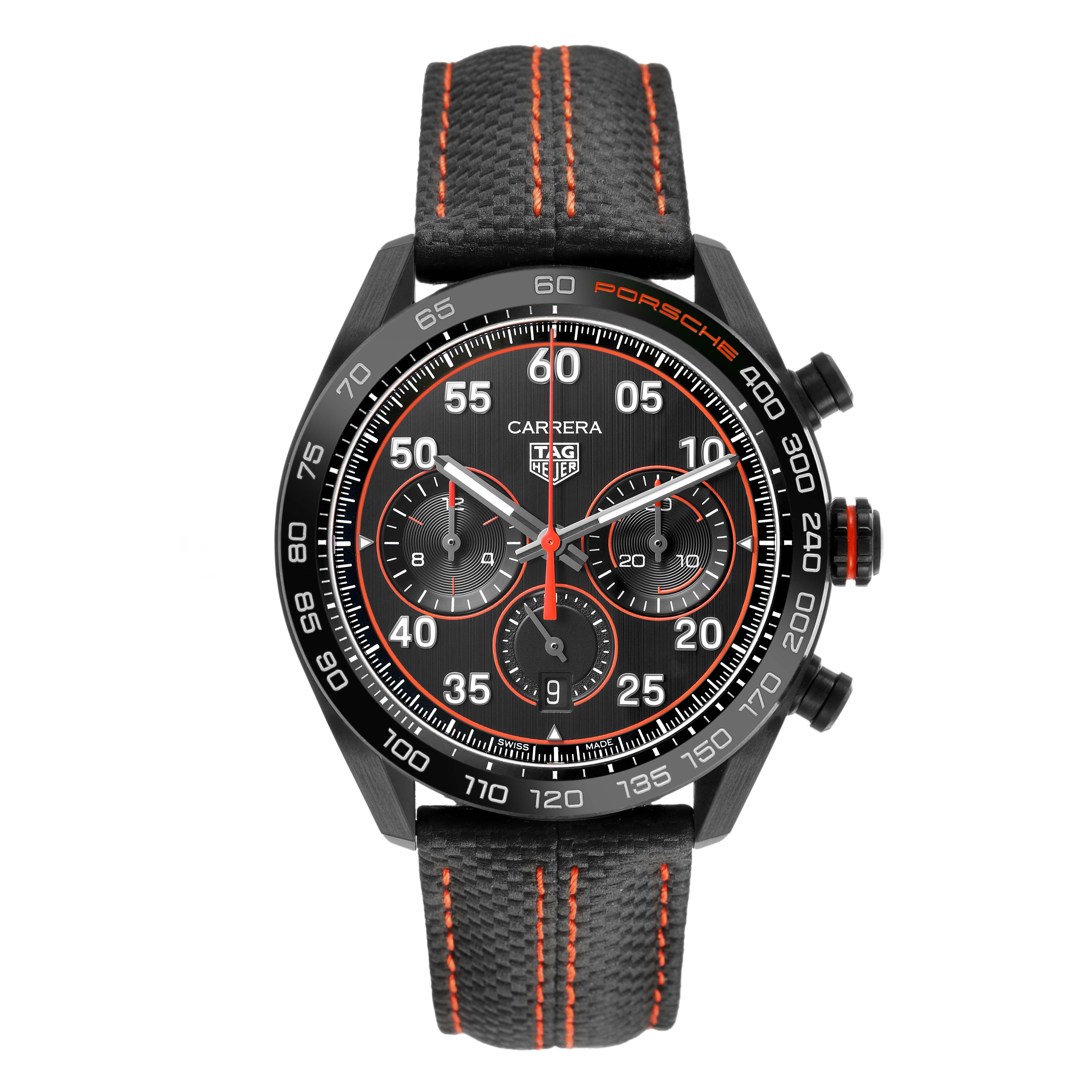 The Tag Heuer Carrera CBN2A1M.FC6526 Men's Stainless Steel Black Dial watch is shown from a top-down angle, highlighting the dial and strap stitching.