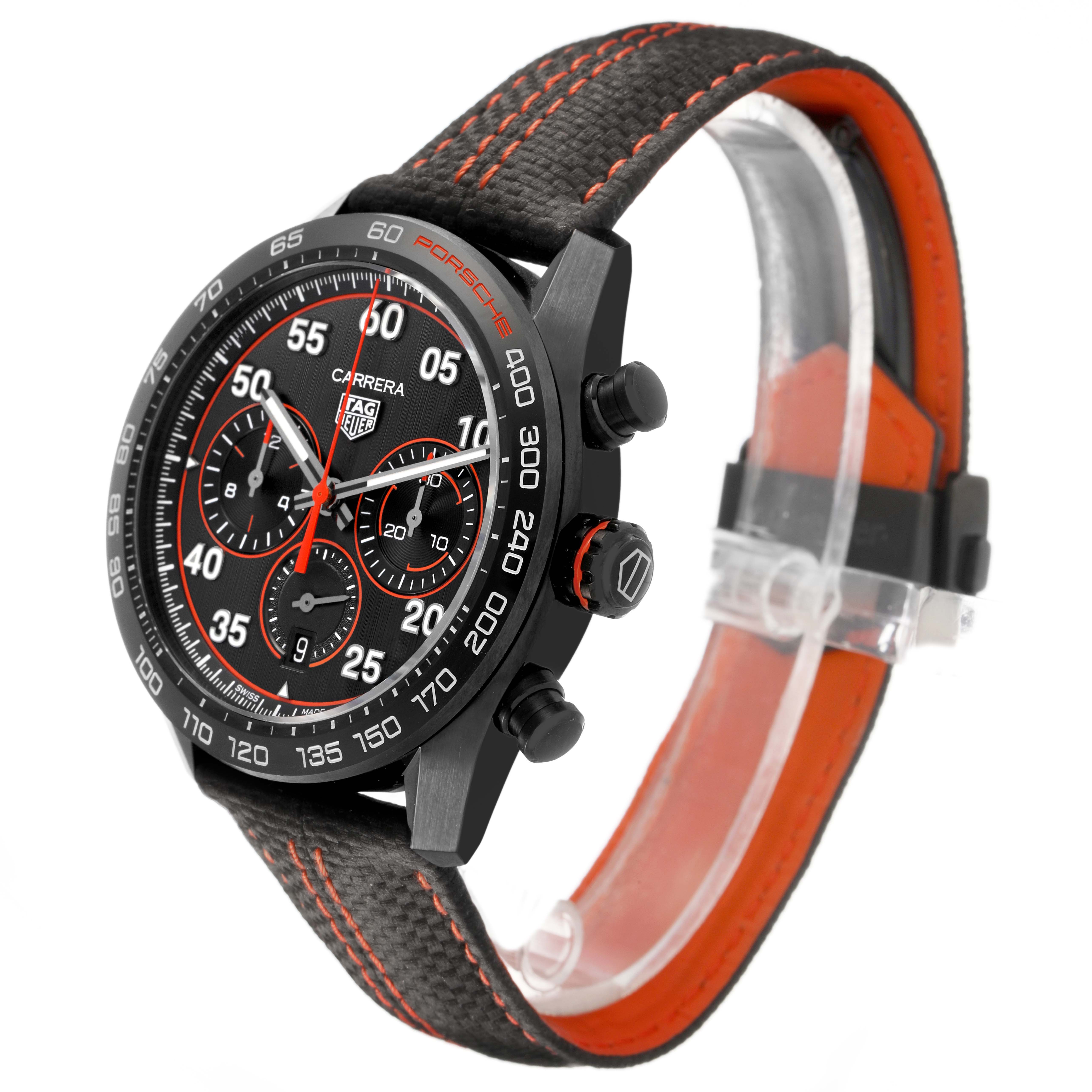 The Tag Heuer Carrera CBN2A1M.FC6526 Men's Stainless Steel Black Dial watch is shown at a three-quarter angle, highlighting the face, bezel, crown, buttons, and strap detail.