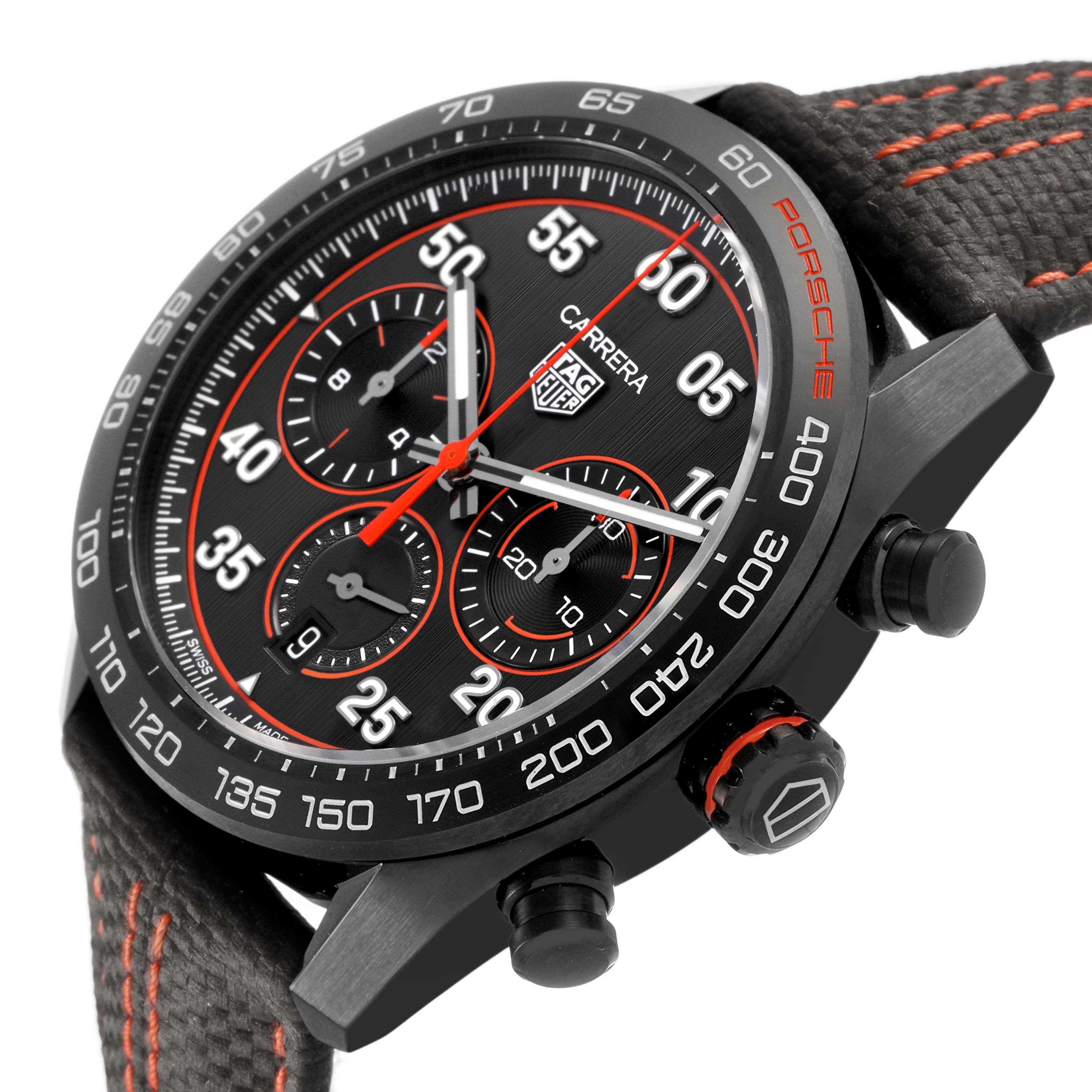 The Tag Heuer Carrera CBN2A1M.FC6526 Men's Stainless Steel Black Dial watch is shown at a slight angle highlighting the dial, bezel, pushers, and strap details.