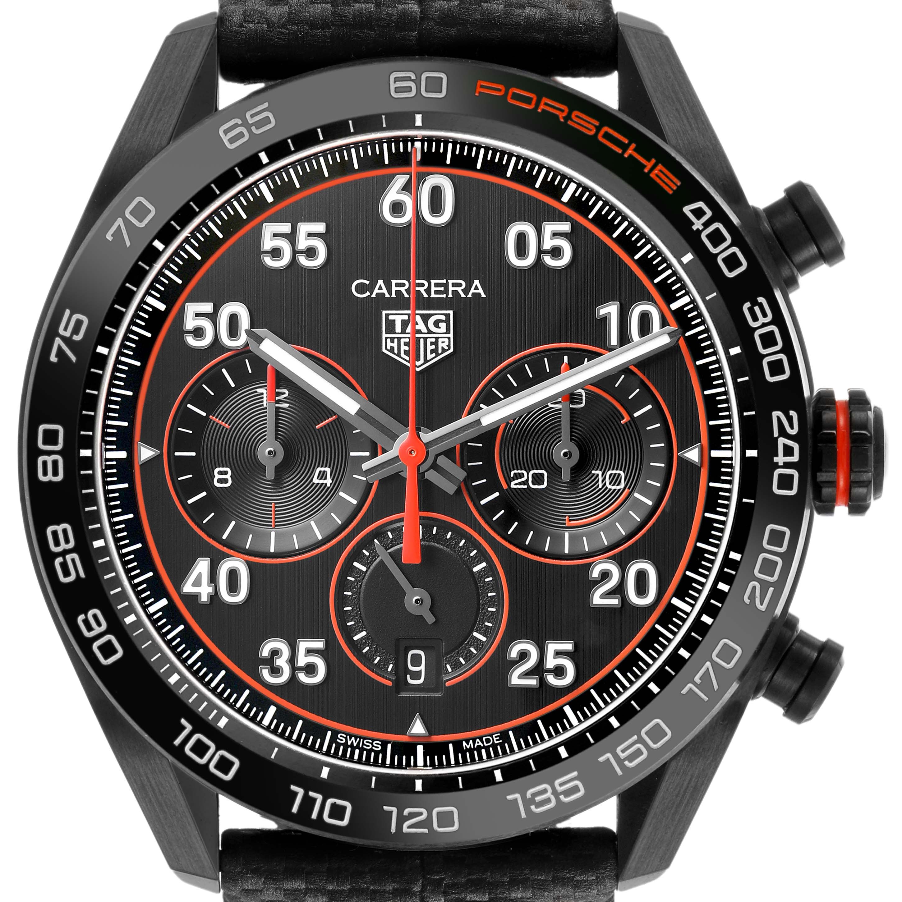 The Tag Heuer Carrera CBN2A1M.FC6526 Men's Stainless Steel Black Dial watch is shown from a front angle, highlighting its face, bezel, subdials, and pushers.