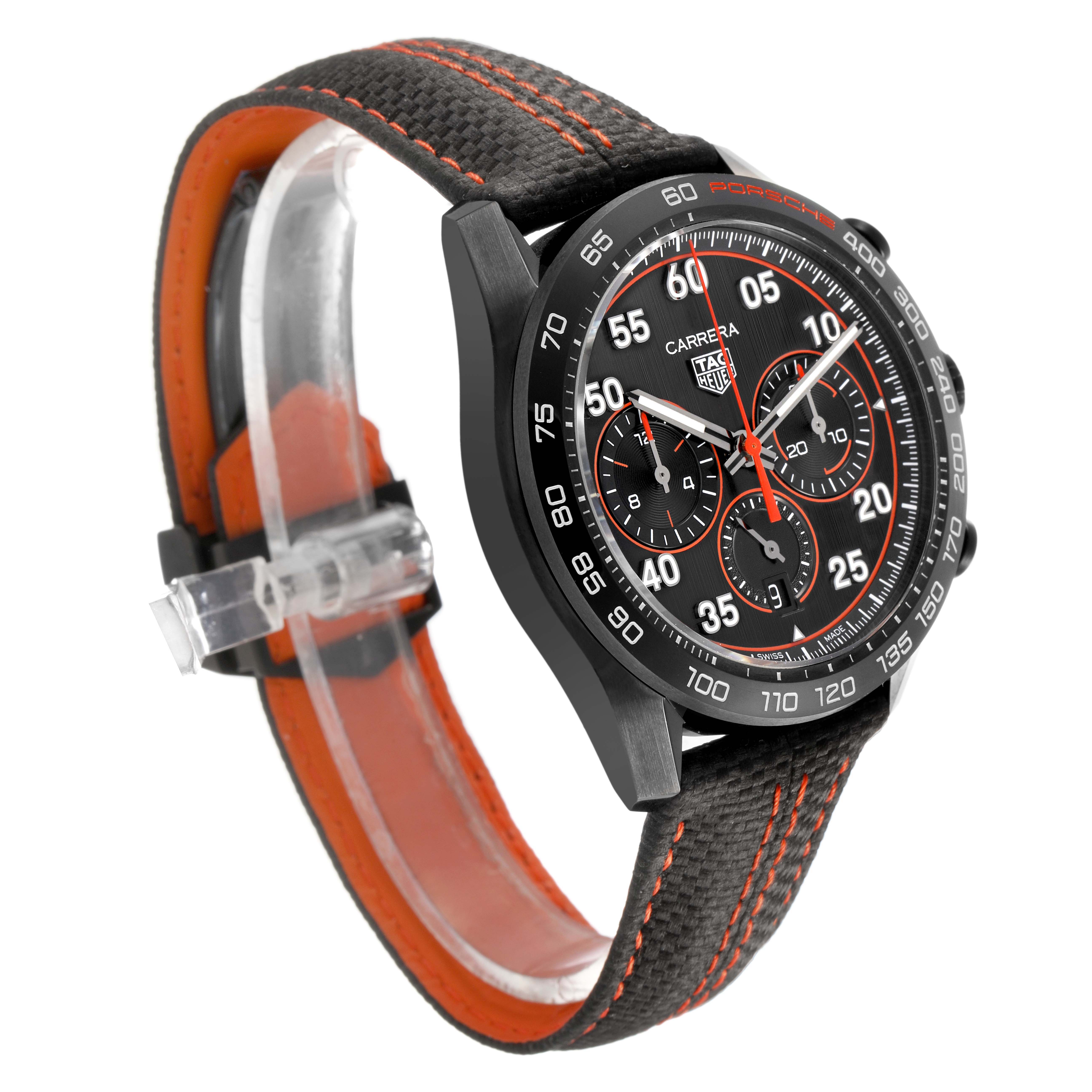 The Tag Heuer Carrera CBN2A1M.FC6526 Men's Stainless Steel Black Dial watch is shown at a three-quarter angle, highlighting the black and orange dial and leather strap.
