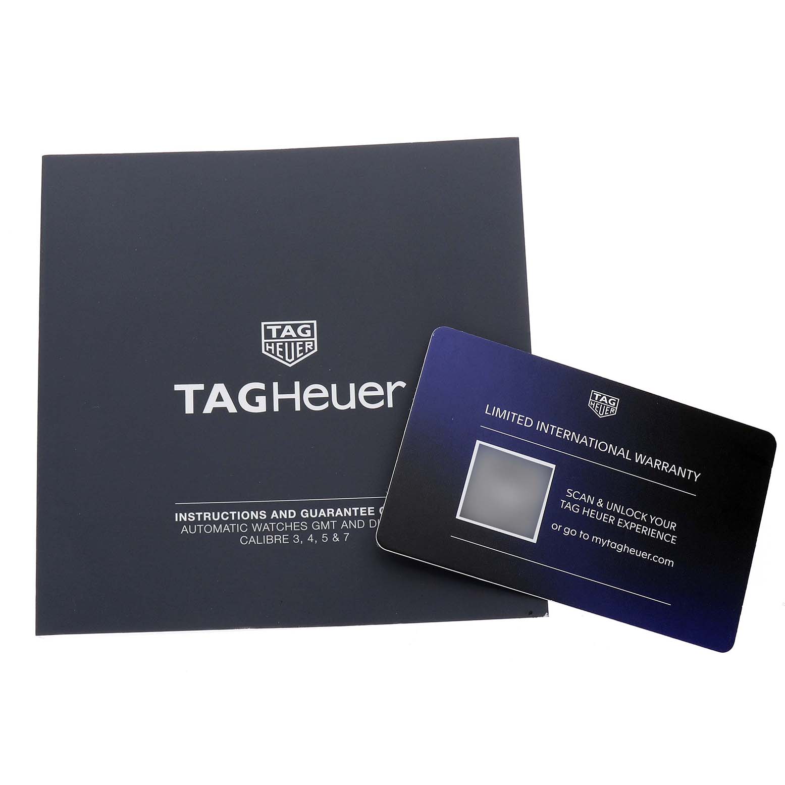 The image shows a Tag Heuer Carrera CBN2A1M.FC6526 Men's Stainless Steel Black Dial instruction booklet and a limited international warranty card.