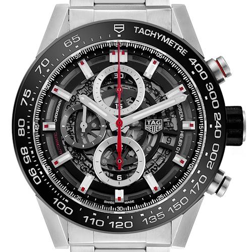 The image shows a front view of a Tag Heuer Carrera CAR2A1W.BA0703 Men's Stainless Steel Transparent Dial watch, highlighting its dial, tachymeter, and skeleton movement.