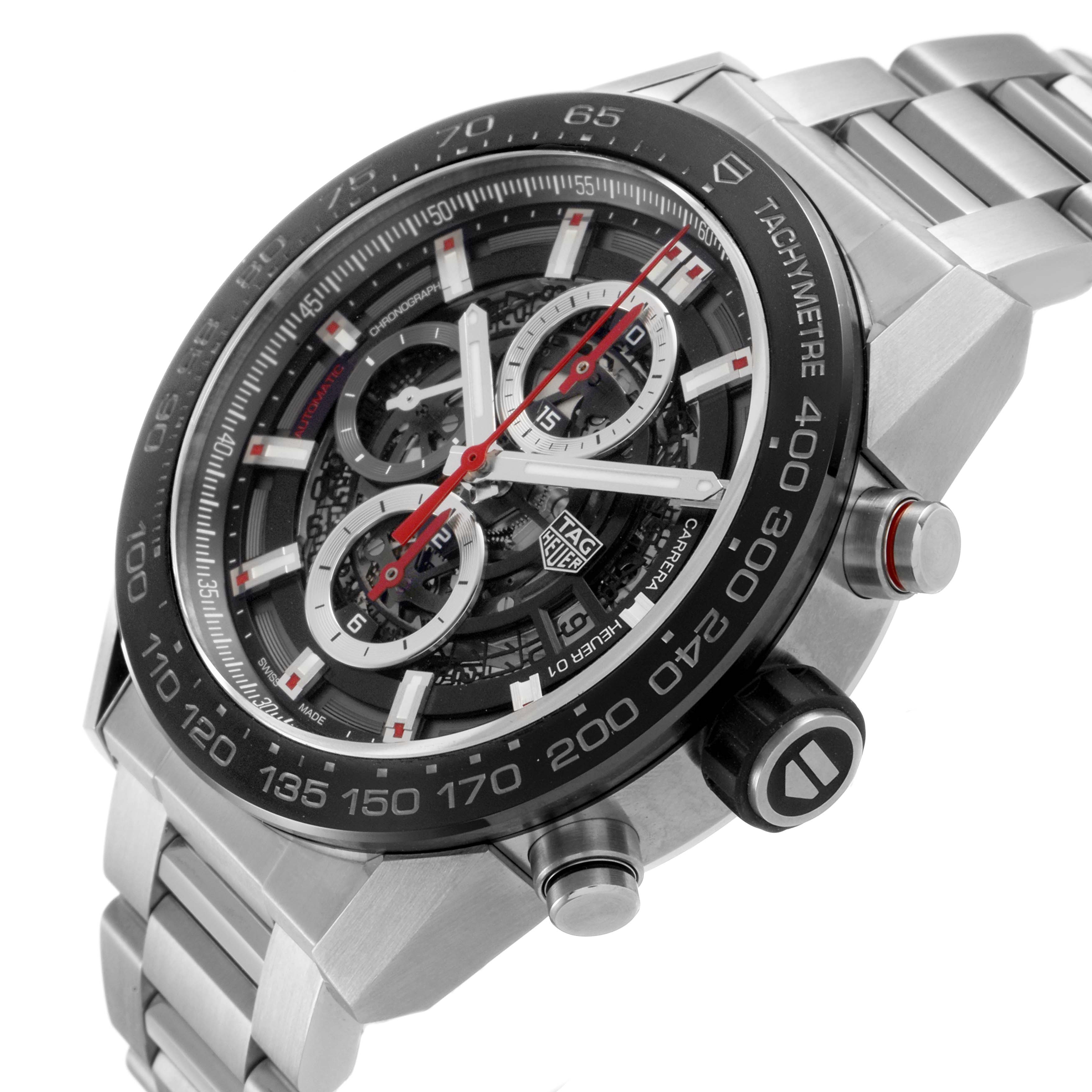 The Tag Heuer Carrera CAR2A1W.BA0703 Men's Stainless Steel Transparent Dial watch is shown from an angled side view, highlighting its dial, bezel, and metallic bracelet.