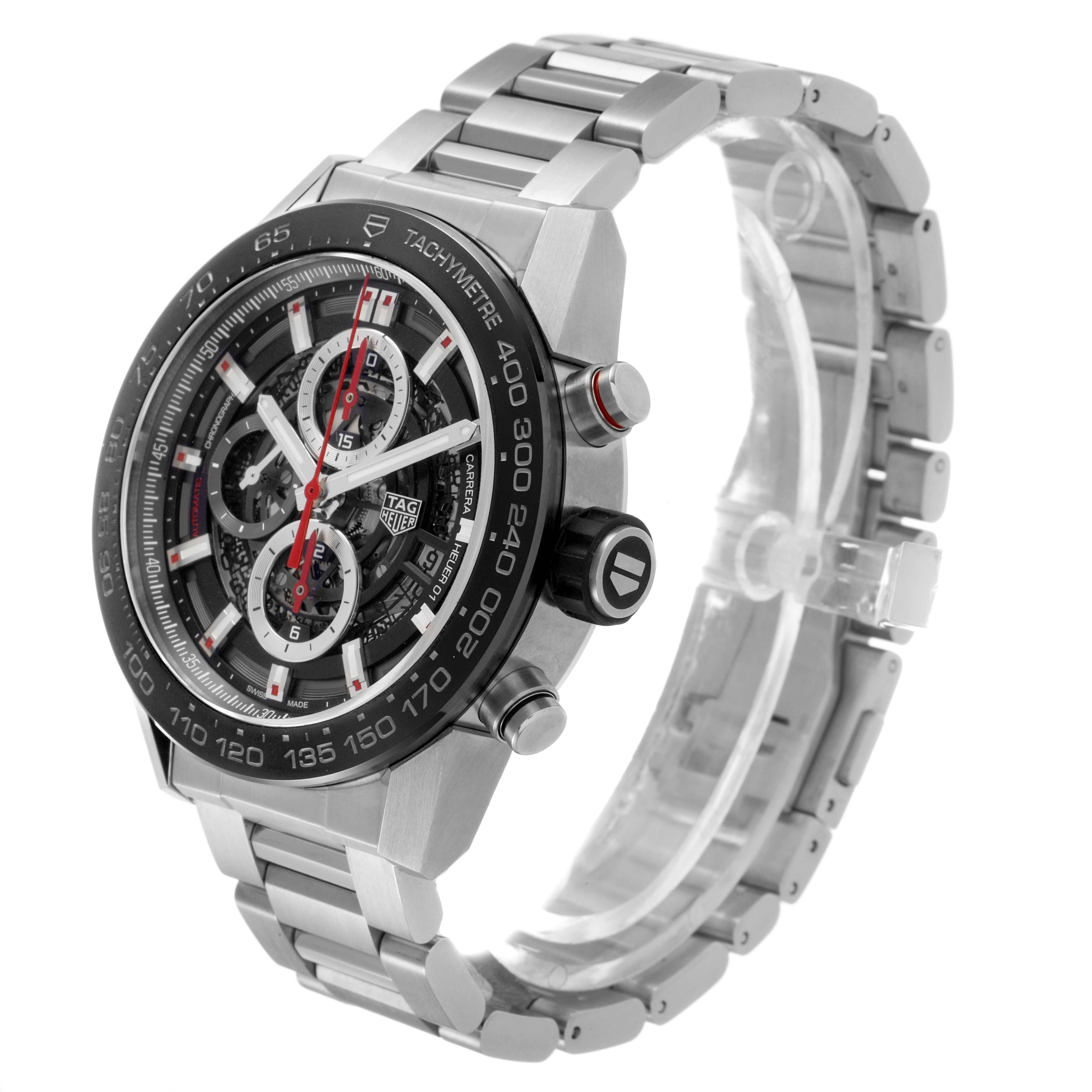 The Tag Heuer Carrera CAR2A1W.BA0703 Men's Stainless Steel Transparent Dial watch is shown at a three-quarter angle, displaying the face, bezel, crown, and metal bracelet.