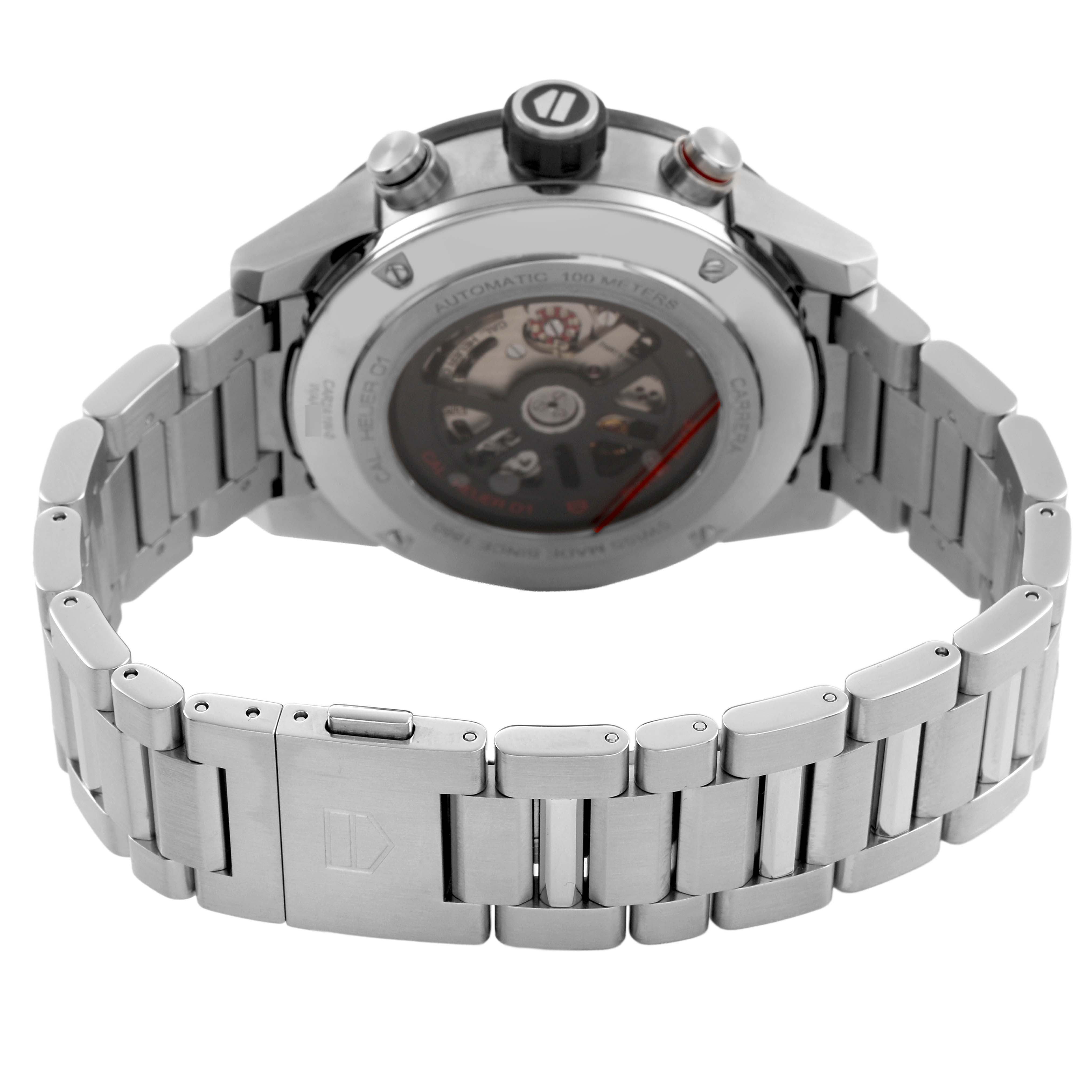 The image shows the back of a Tag Heuer Carrera CAR2A1W.BA0703 Men's Stainless Steel Transparent Dial watch, highlighting the case back, crown, and stainless steel bracelet.