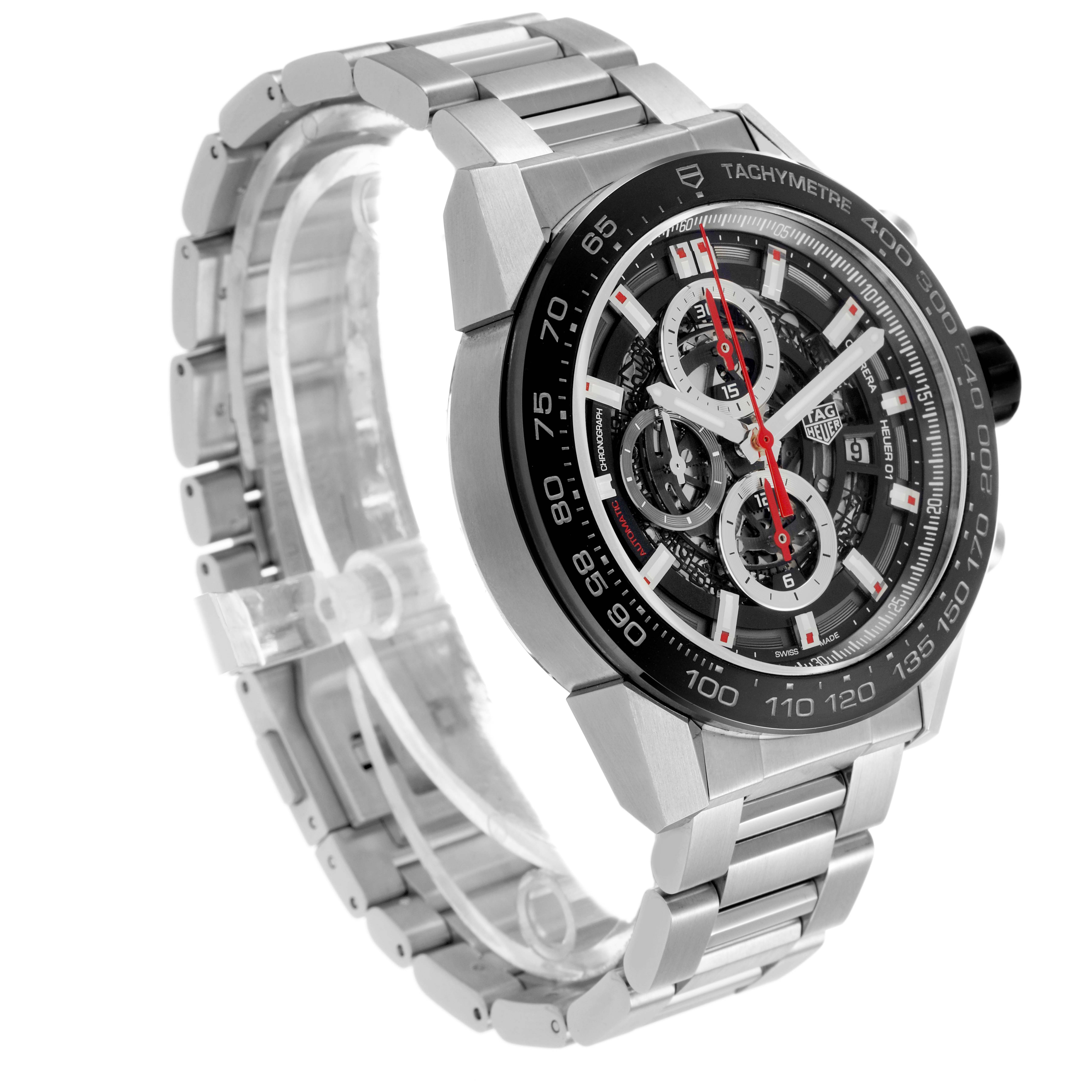 The Tag Heuer Carrera CAR2A1W.BA0703 Men's Stainless Steel Transparent Dial watch is shown at an angled side view, highlighting its dial, bezel, and stainless steel bracelet.