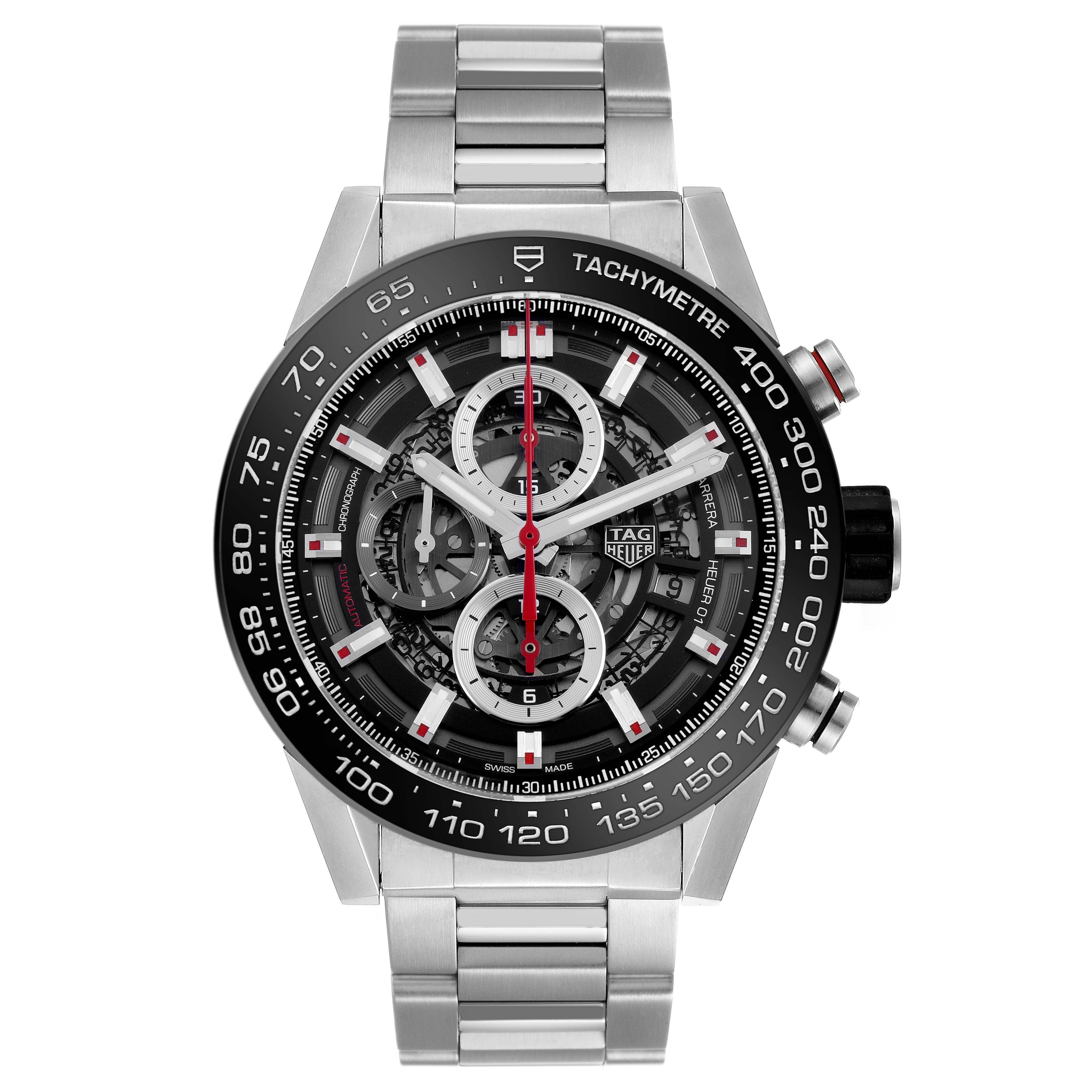 The image shows a frontal view of the Tag Heuer Carrera CAR2A1W.BA0703 Men's Stainless Steel Transparent Dial watch, highlighting its detailed dial, tachymeter, and metal bracelet.