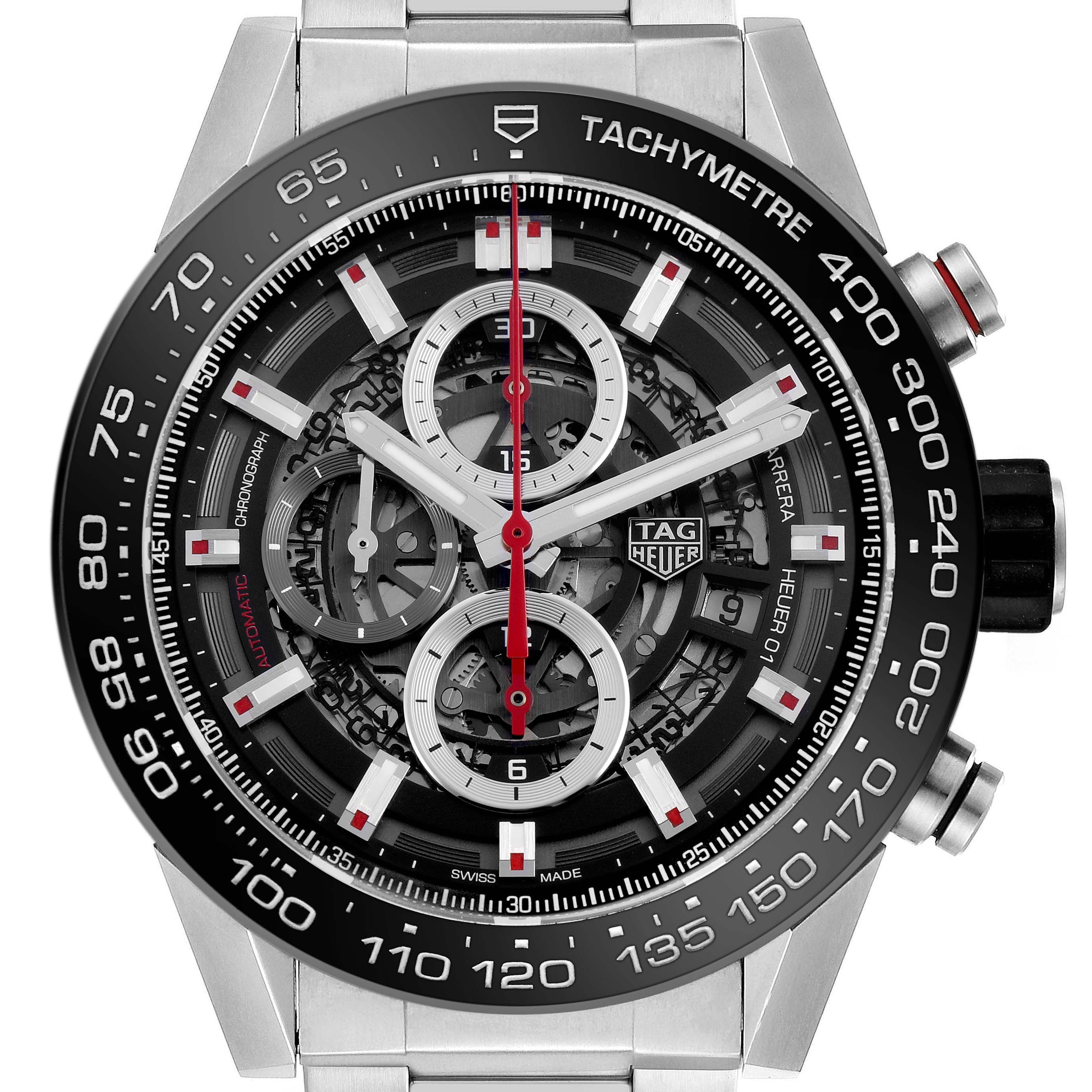 The Tag Heuer Carrera CAR2A1W.BA0703 Men's Stainless Steel Transparent Dial watch is shown from a top-down angle, highlighting the dial, tachymeter bezel, and chronograph subdials.