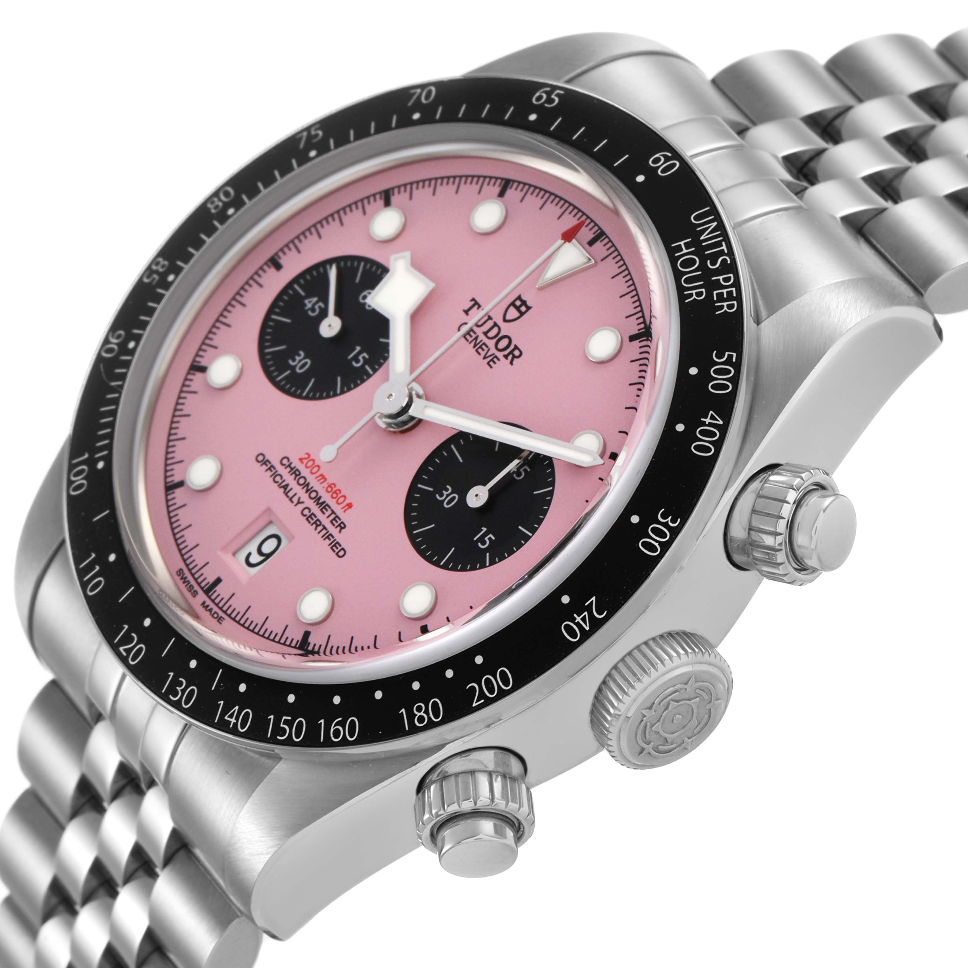 The Tudor Heritage Chrono M79360N-0019 Men's Stainless Steel Pink Dial watch is shown at an angled view, highlighting its pink dial, bezel, chronograph subdials, and stainless steel bracelet.