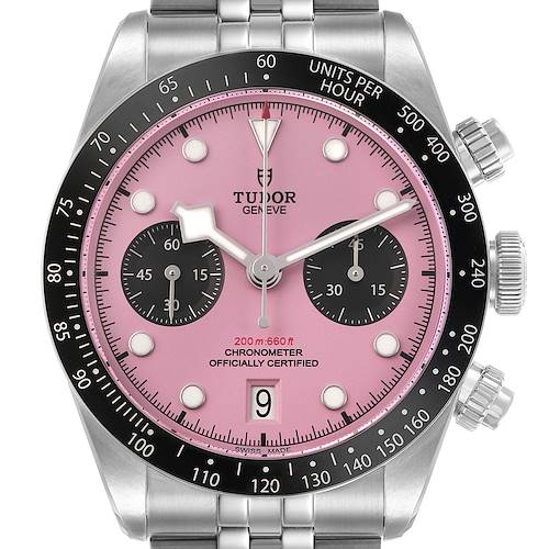 The Tudor Heritage Chrono M79360N-0019 Men's Stainless Steel Pink Dial watch is shown from the front, displaying its pink dial, sub-dials, bezel, and bracelet.