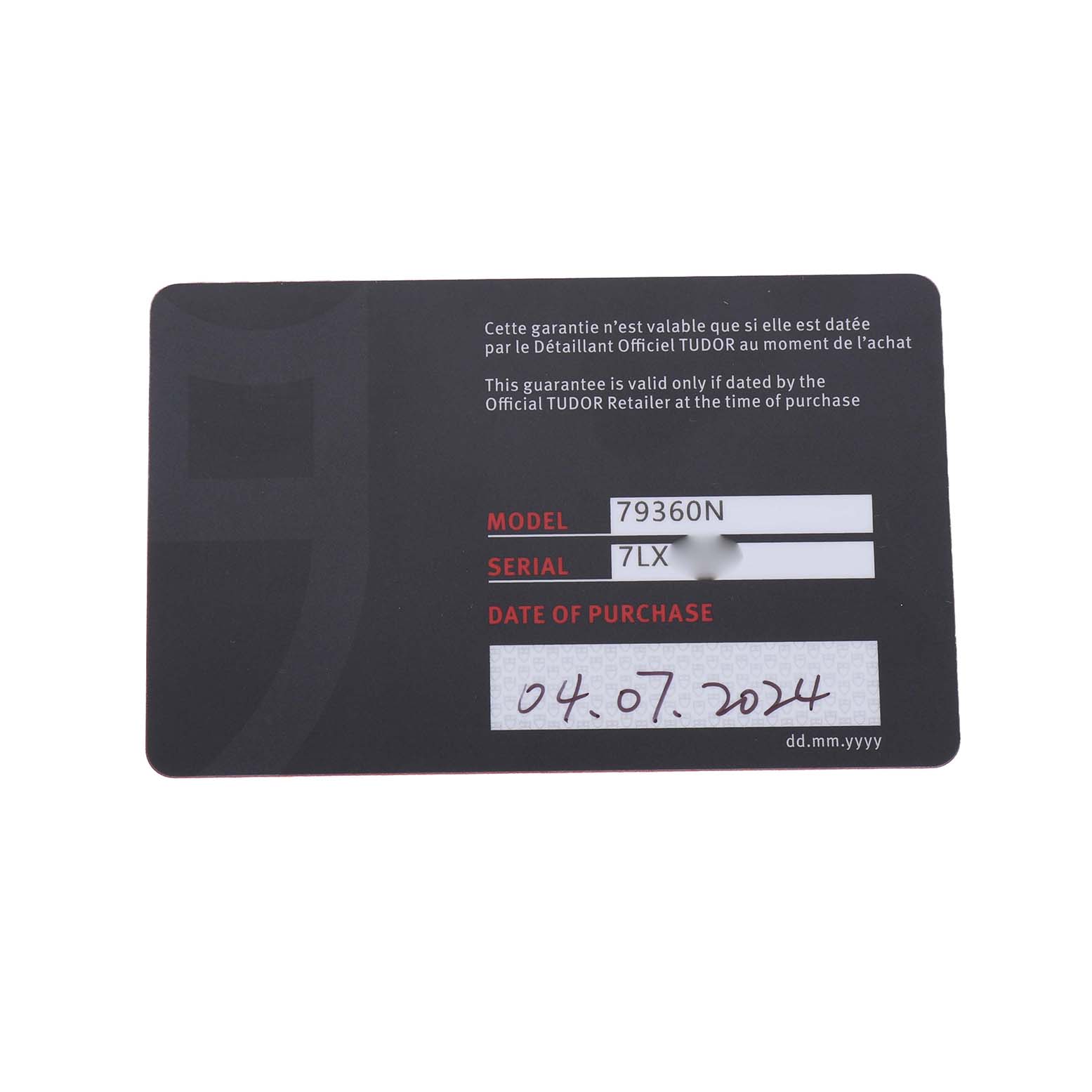 The image shows a warranty card for the Tudor Heritage Chrono M79360N-0019 Men's Stainless Steel Pink Dial model, displaying model, serial number, and purchase date.