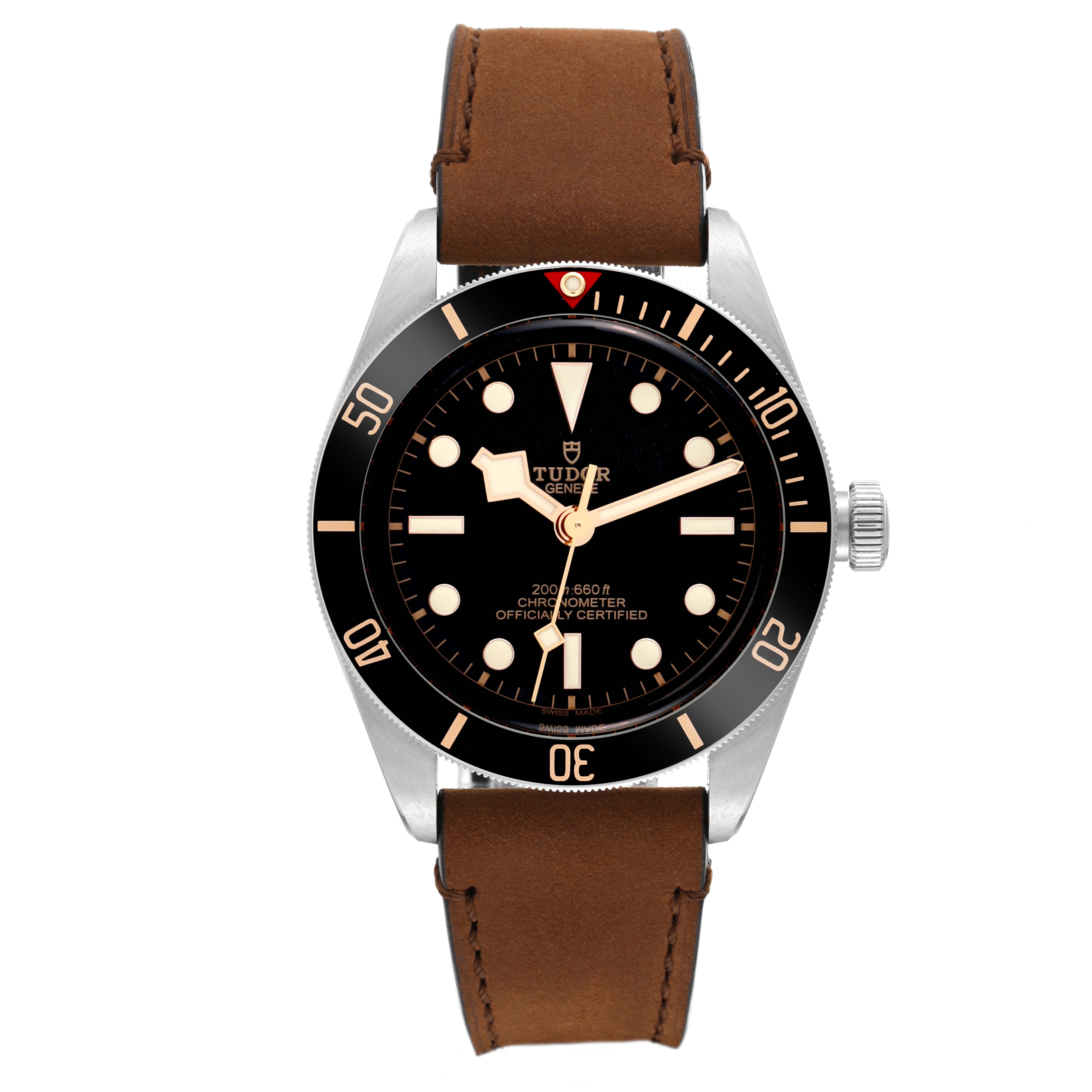 The Tudor Heritage Black Bay M79030N-0002 Men
s Stainless Steel Black Dial M79030N-0002 Men
s Stainless Steel Black Dial watch is shown in a front-facing angle, displaying the dial, bezel, case, and leather strap.