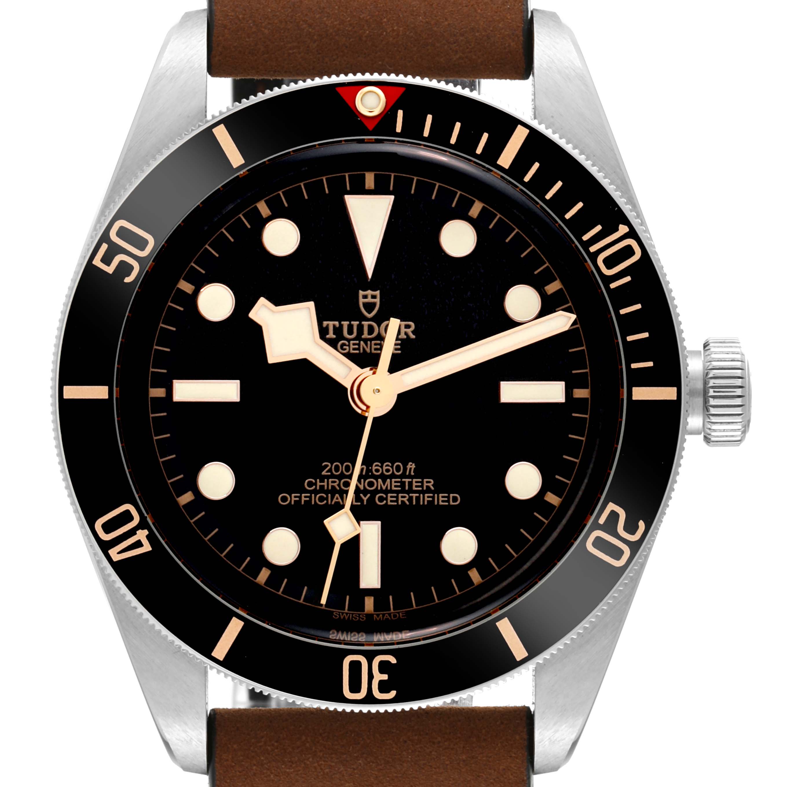 The image shows a front view of the Tudor Heritage Black Bay M79030N-0002 Men
s Stainless Steel Black Dial M79030N-0002 Men
s Stainless Steel Black Dial watch, highlighting the dial, bezel, and crown.