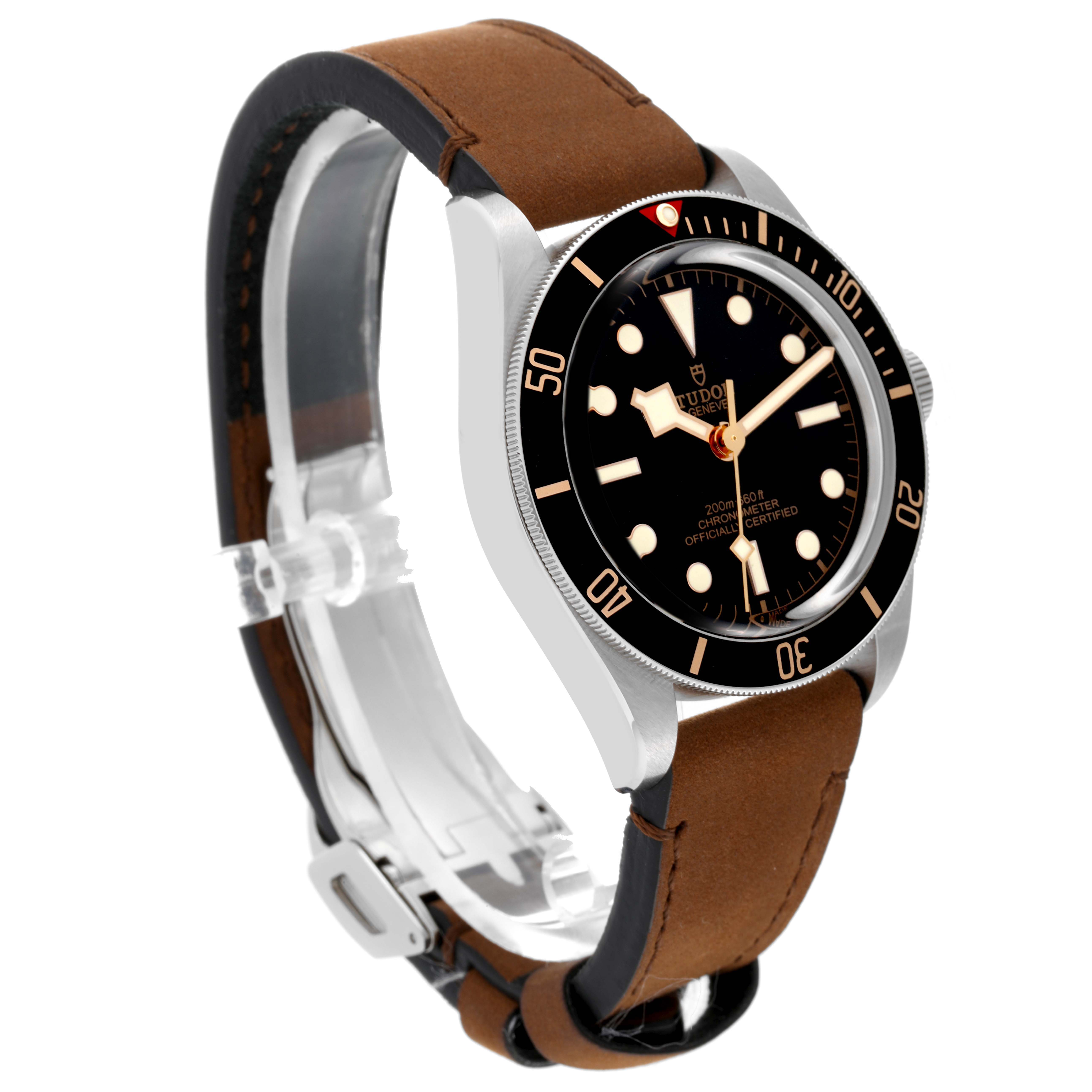 The Tudor Heritage Black Bay M79030N-0002 Men
s Stainless Steel Black Dial M79030N-0002 Men
s Stainless Steel Black Dial watch is shown at an angle, displaying the dial, bezel, and brown leather strap.