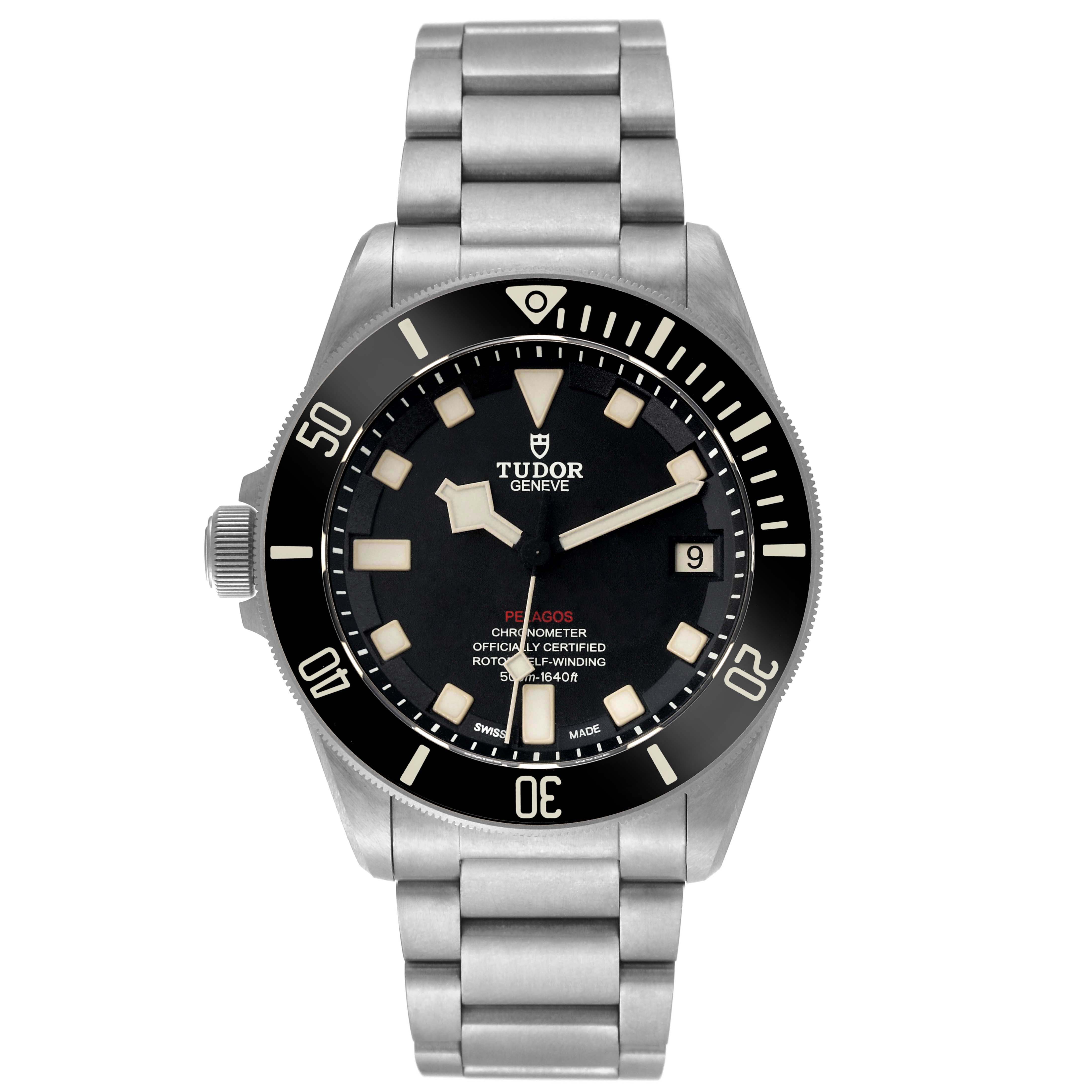 This image shows a front view of the Tudor Pelagos 25610TNL Men
s Stainless Steel Black Dial 25610TNL Men
s Stainless Steel Black Dial watch, displaying the dial, bezel, and stainless steel bracelet.