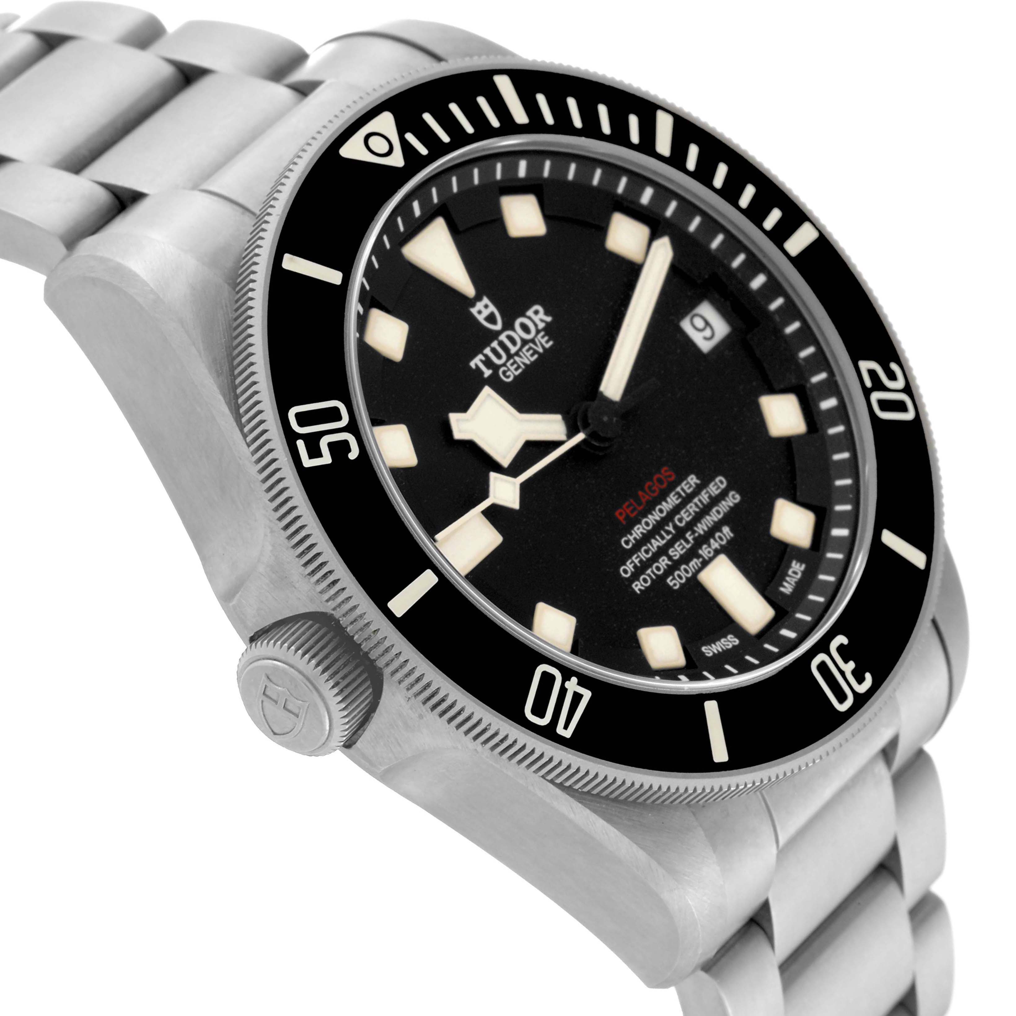 The image shows a close-up angled view of the Tudor Pelagos 25610TNL Men
s Stainless Steel Black Dial 25610TNL Men
s Stainless Steel Black Dial watch, highlighting the face, bezel, crown, and part of the bracelet.