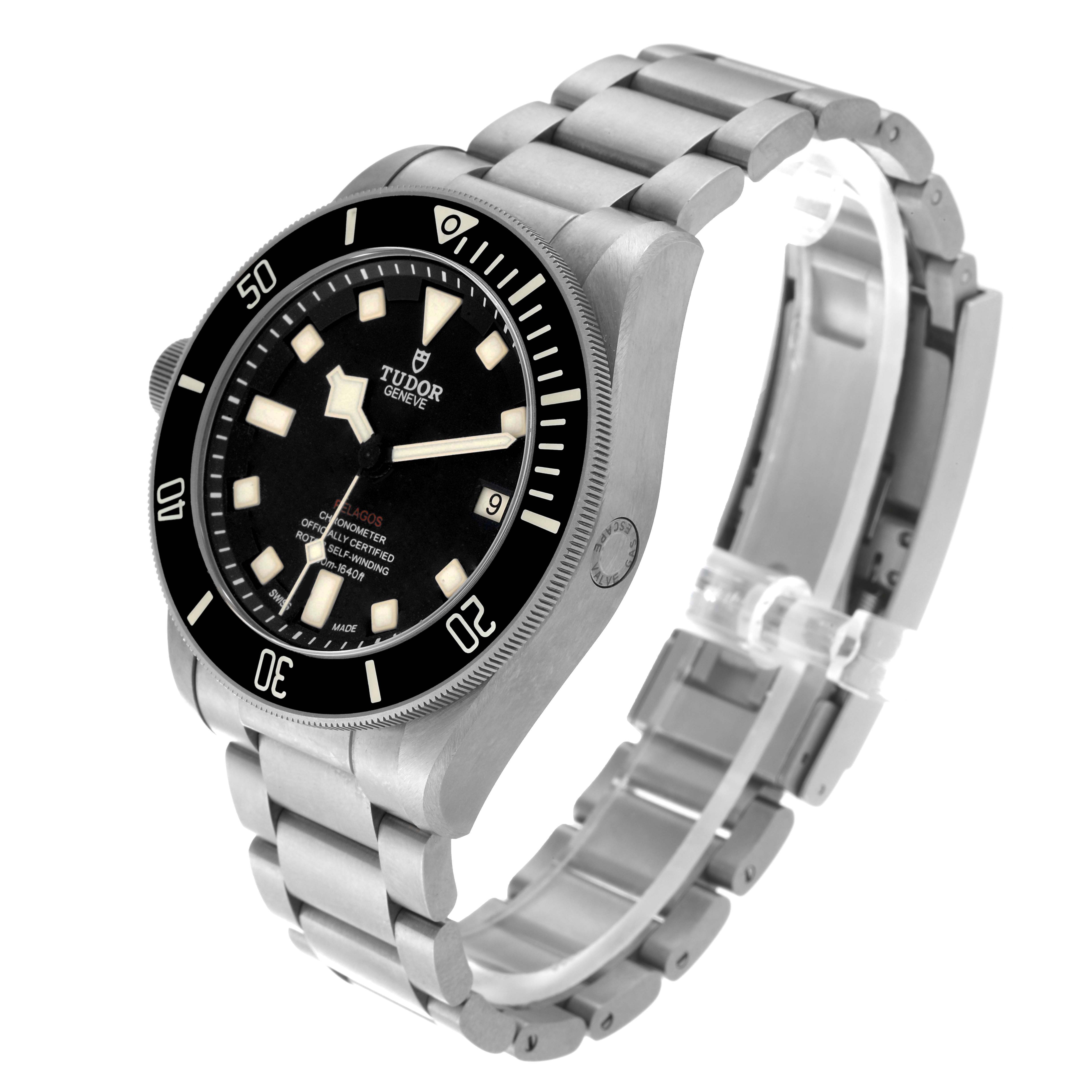 The image shows a Tudor Pelagos 25610TNL Men
s Stainless Steel Black Dial 25610TNL Men
s Stainless Steel Black Dial watch at an angle displaying its face, bezel, crown, and metal bracelet.