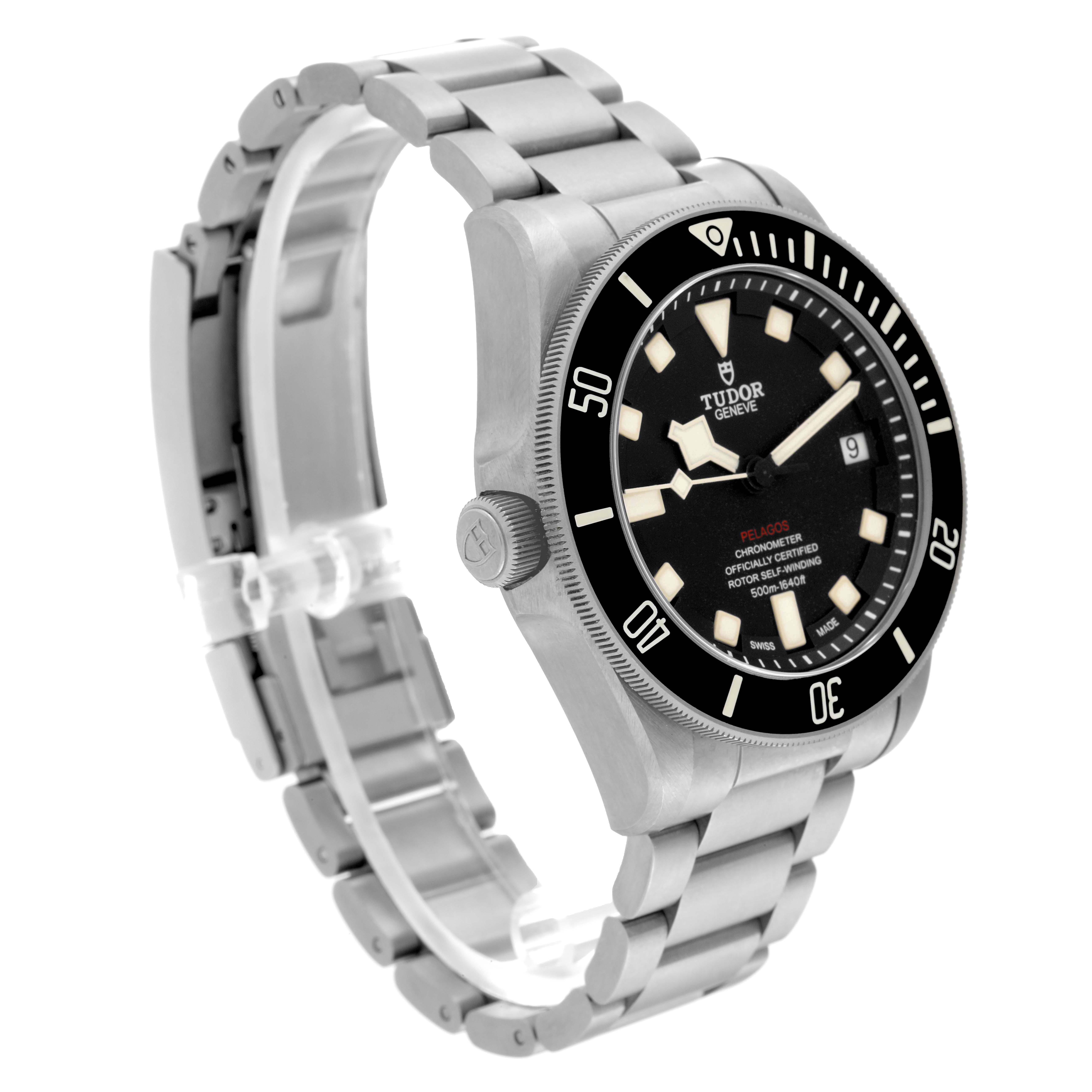 The image shows a Tudor Pelagos 25610TNL Men
s Stainless Steel Black Dial 25610TNL Men
s Stainless Steel Black Dial watch at an angle highlighting its face, bezel, crown, and metal bracelet.