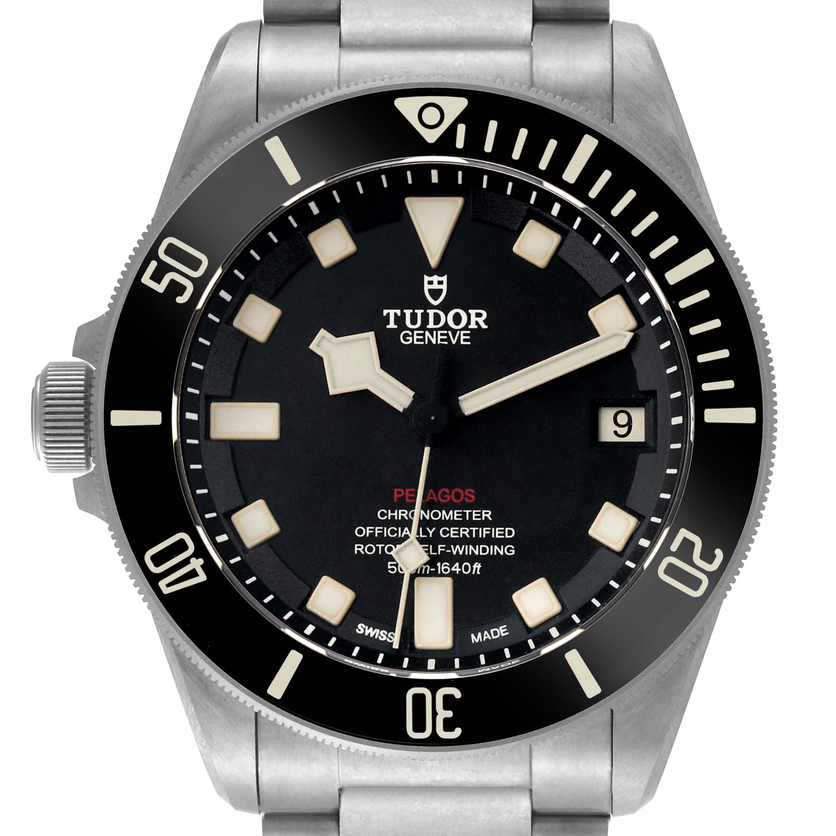 The image shows a frontal view of the Tudor Pelagos 25610TNL Men
s Stainless Steel Black Dial 25610TNL Men
s Stainless Steel Black Dial watch, highlighting its dial, bezel, and part of the bracelet.