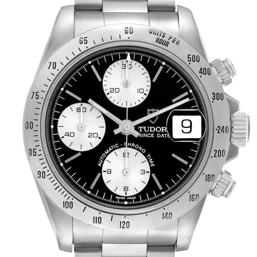 The image shows a front view of a Tudor Tiger model, highlighting its dial, subdials, date window, and bezel.