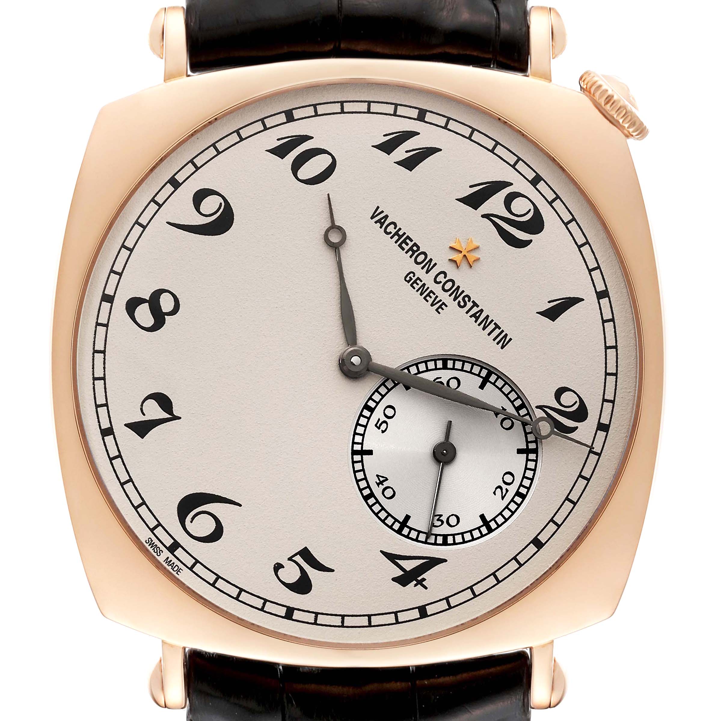 The image shows a close-up frontal view of the Vacheron Constantin Historiques 82035/000R Men's Rose Gold Silver Dial 82035/000R Men's Rose Gold Silver Dial model watch, highlighting its dial and case.