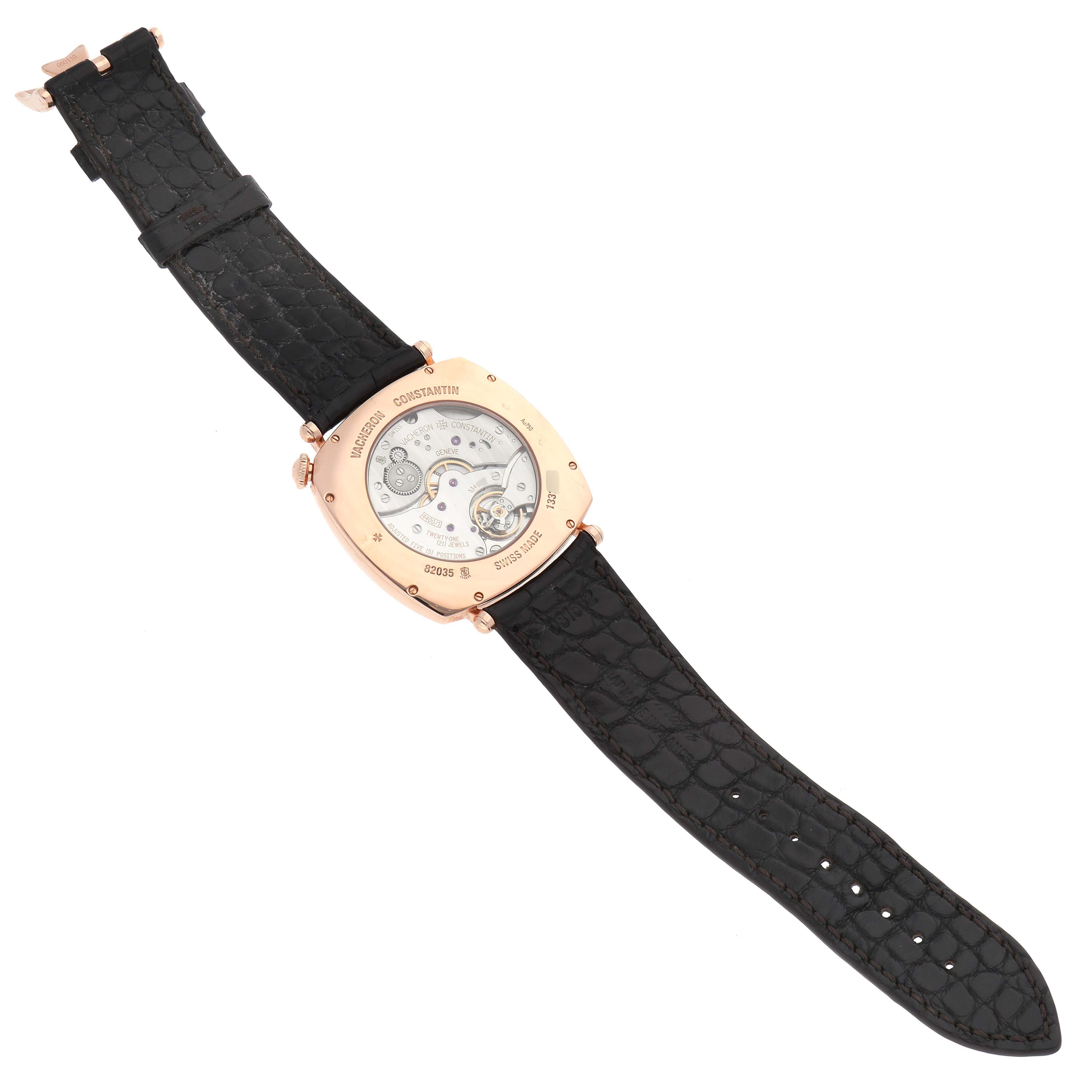 This image shows the back view of the Historiques model watch by Vacheron Constantin, featuring the movement and black leather strap.