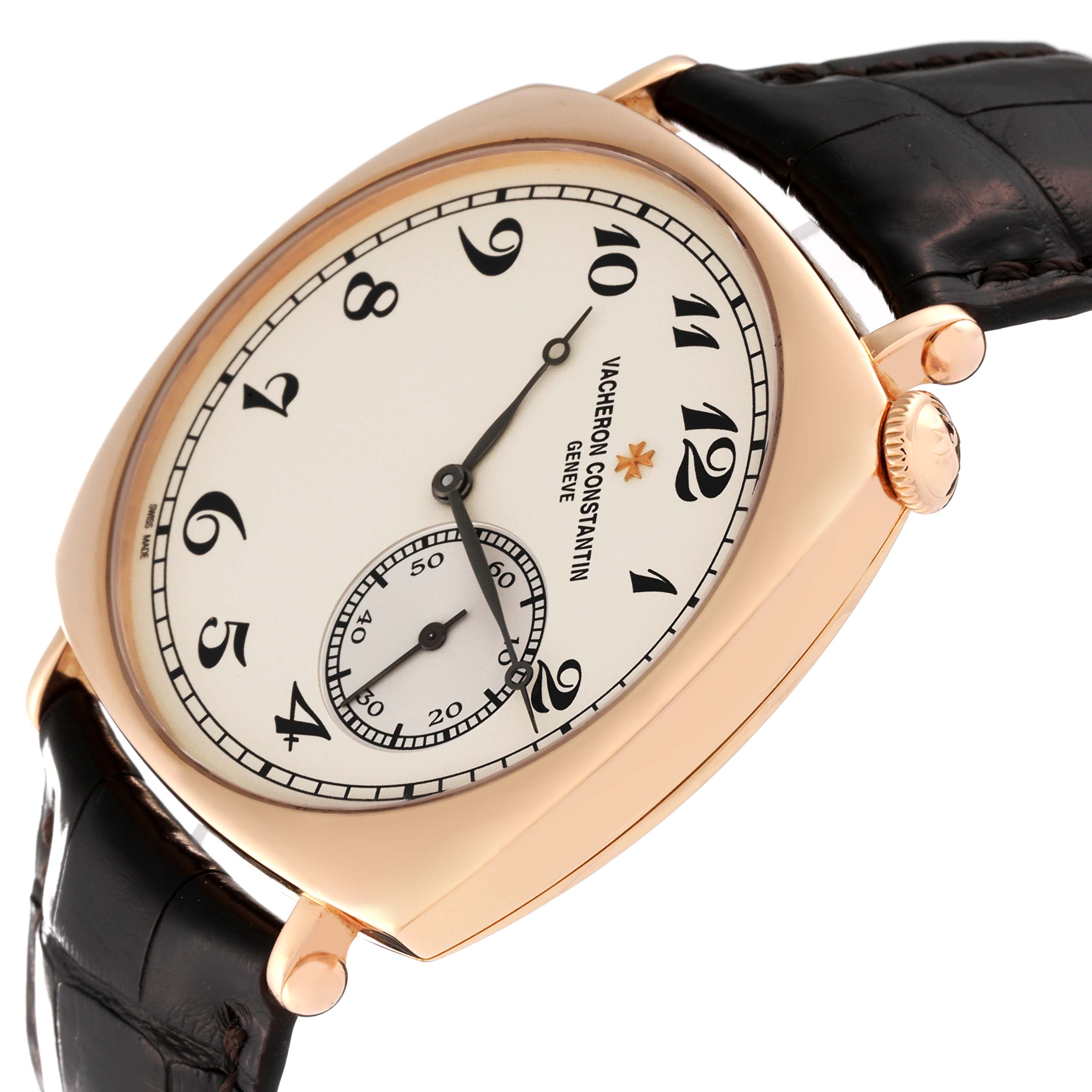 The image shows a close-up of the dial, case, crown, and strap of a Vacheron Constantin Historiques 82035/000R Men's Rose Gold Silver Dial 82035/000R Men's Rose Gold Silver Dial watch.