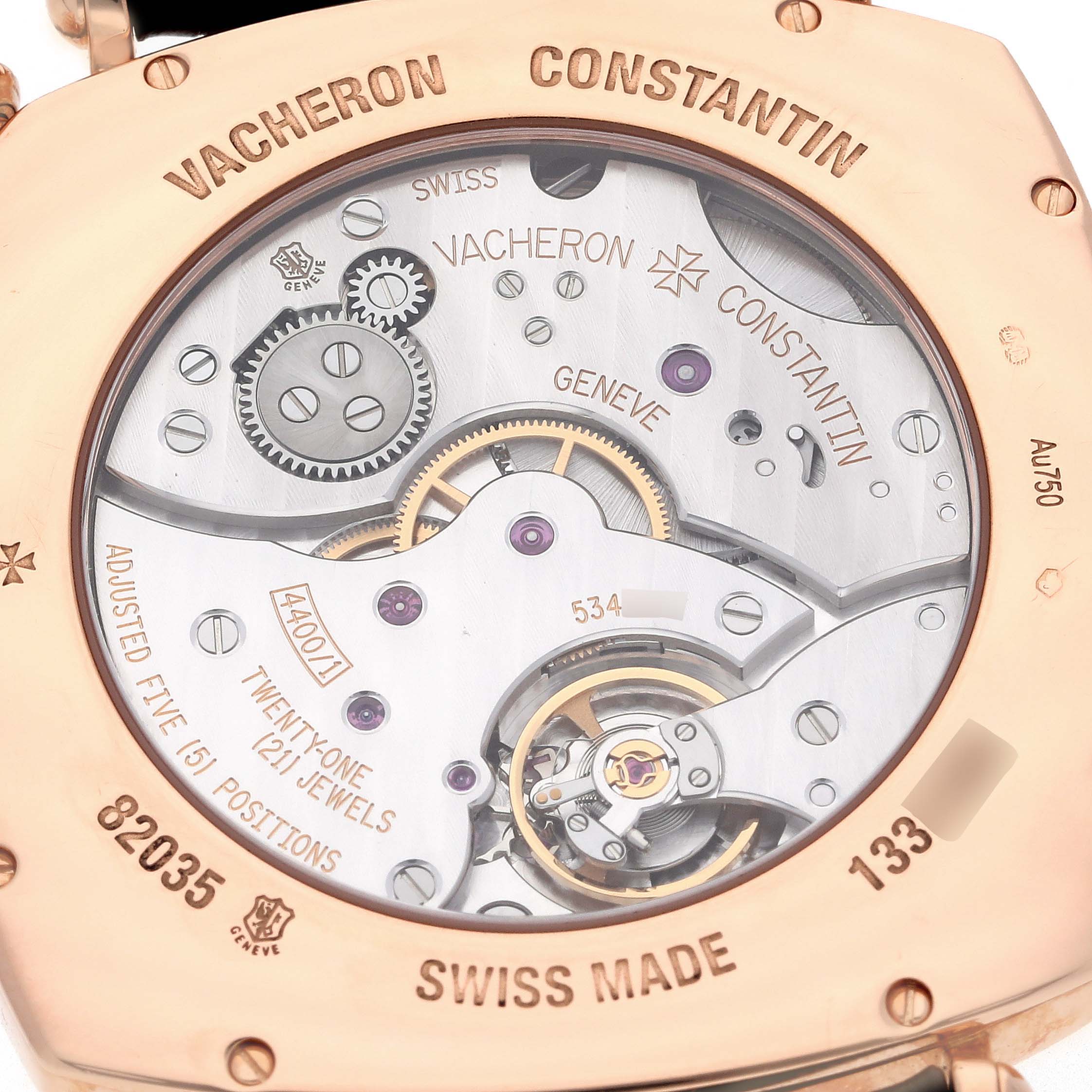This image shows the case back of the Vacheron Constantin Historiques 82035/000R Men's Rose Gold Silver Dial 82035/000R Men's Rose Gold Silver Dial model, highlighting the movement and internal mechanisms.