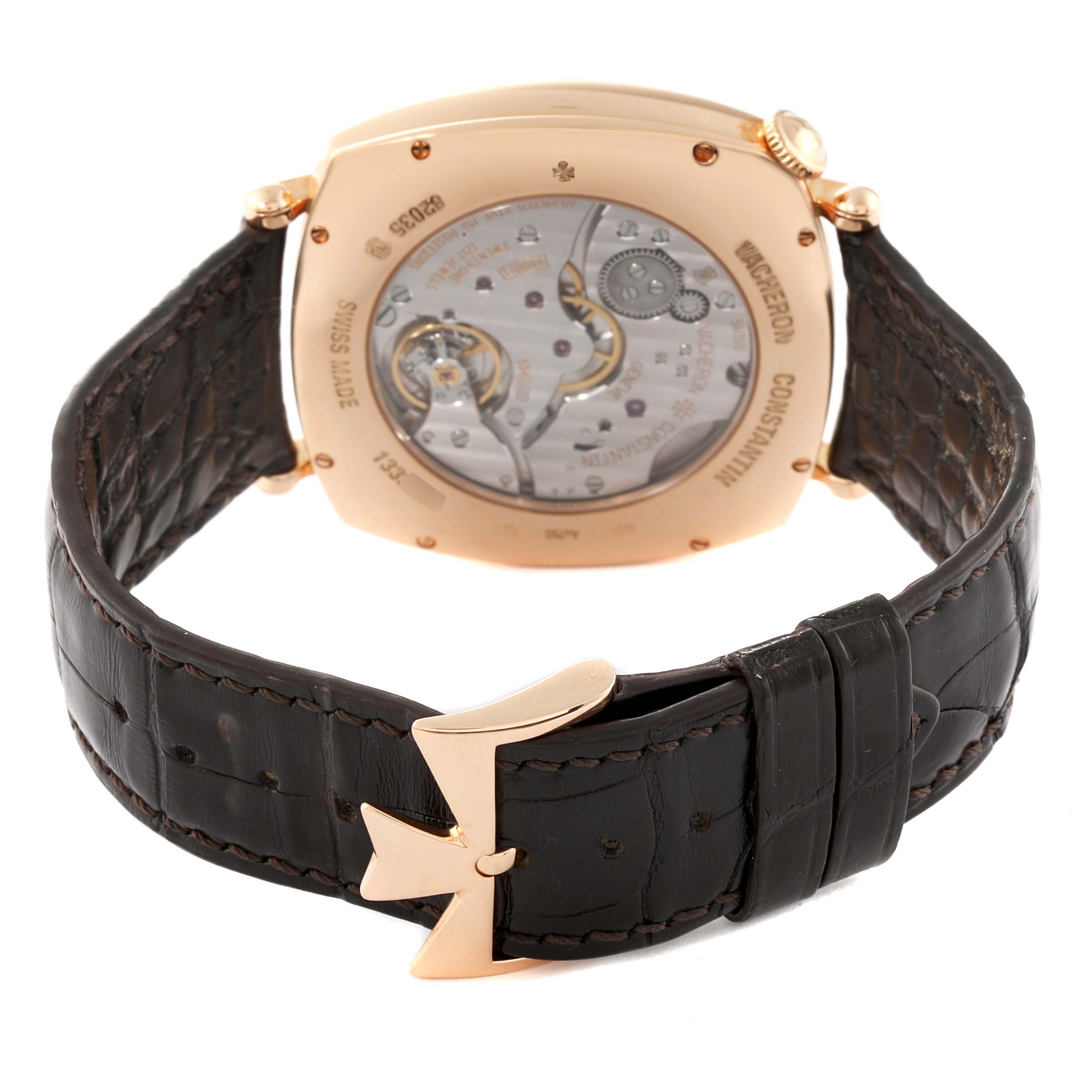 The image shows the back view of a Vacheron Constantin Historiques 82035/000R Men's Rose Gold Silver Dial 82035/000R Men's Rose Gold Silver Dial watch, highlighting its transparent case back and black leather strap.