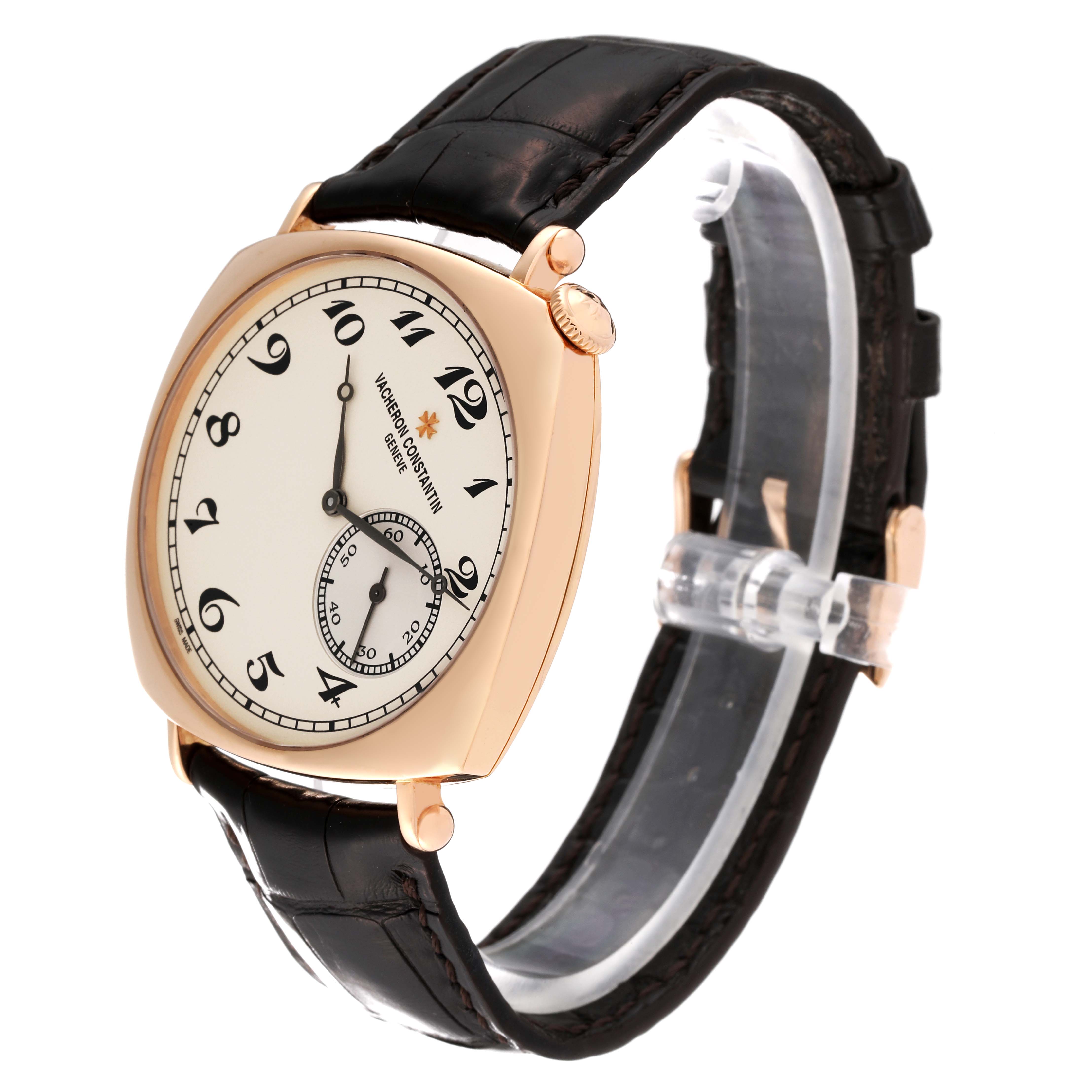 This image shows a Vacheron Constantin Historiques 82035/000R Men's Rose Gold Silver Dial 82035/000R Men's Rose Gold Silver Dial model watch at an oblique angle, highlighting its dial, case, crown, and strap.