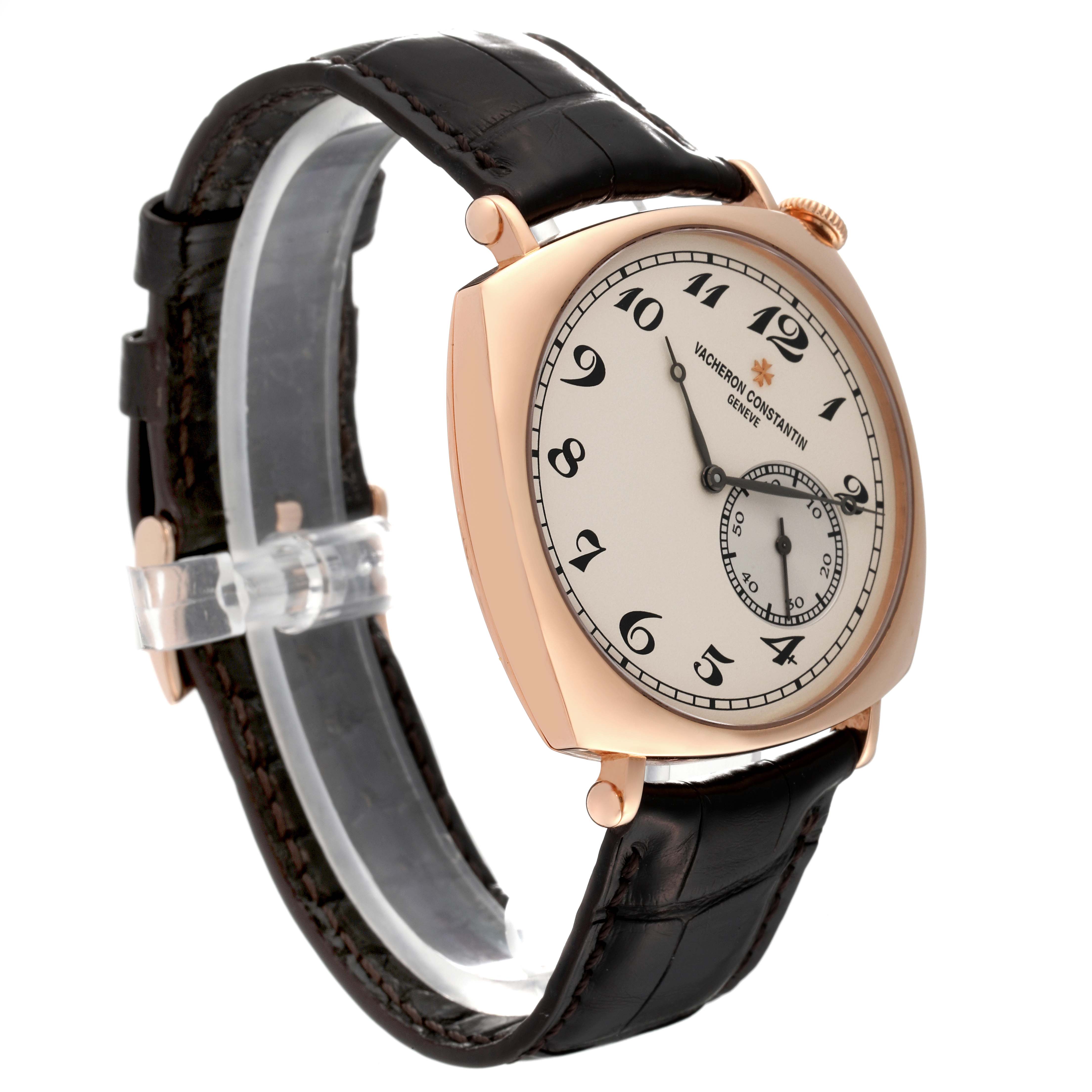 The image shows a Vacheron Constantin Historiques 82035/000R Men's Rose Gold Silver Dial 82035/000R Men's Rose Gold Silver Dial model watch at an angled side view, highlighting its face, case, and strap.