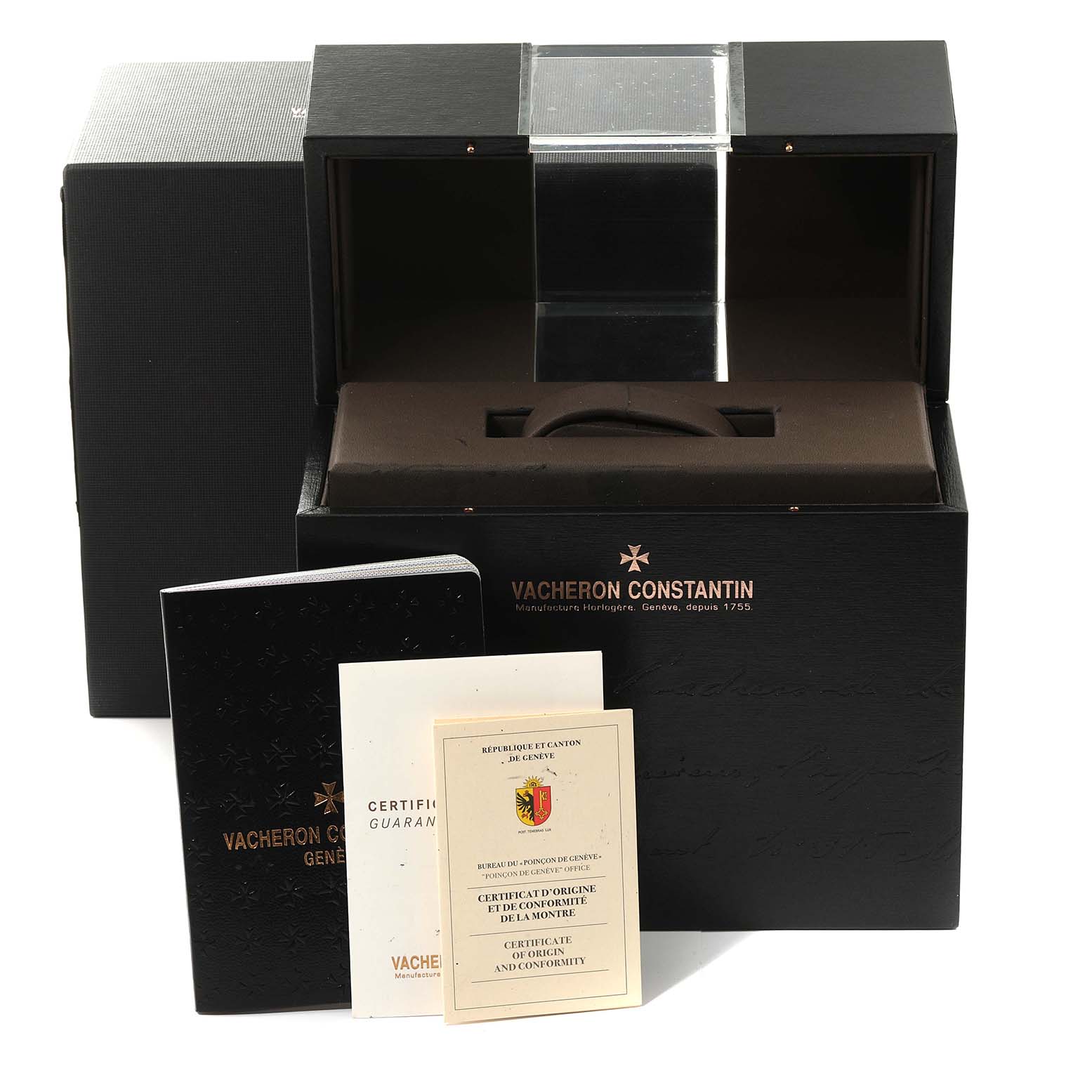 The image shows the box and certificates for a Vacheron Constantin Historiques 82035/000R Men's Rose Gold Silver Dial 82035/000R Men's Rose Gold Silver Dial model watch.