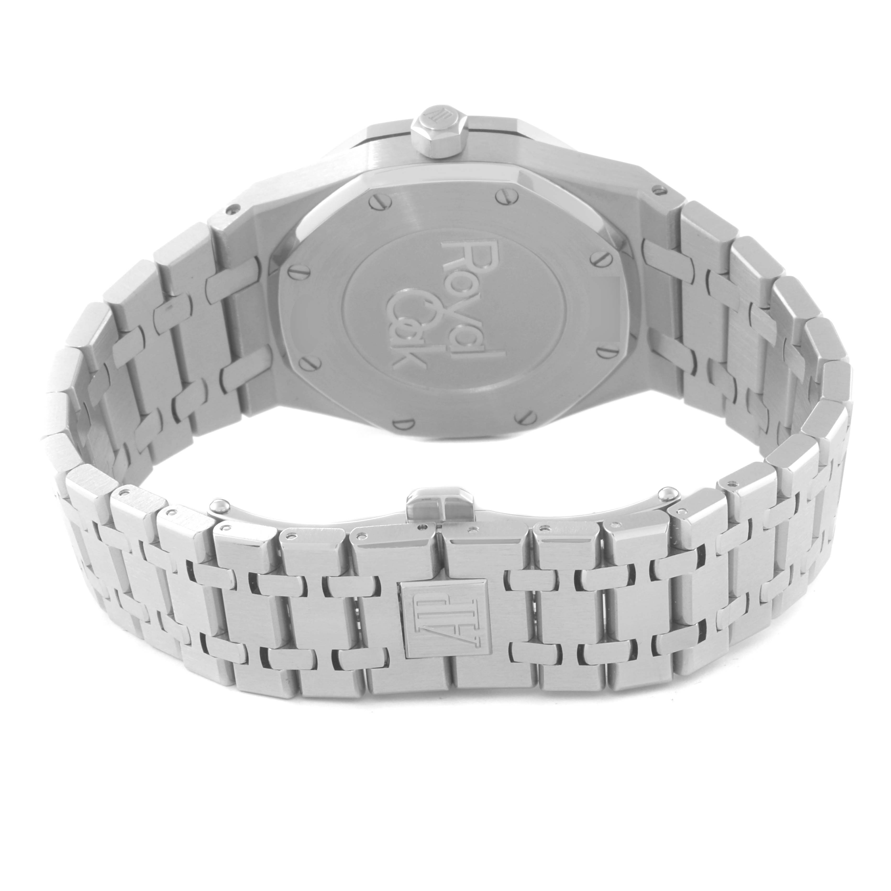 The image shows the back view of the Audemars Piguet Royal Oak 26120ST.00.1220ST.01 Men's Stainless Steel Silver Dial 26120ST.00.1220ST.01 Men's Stainless Steel Silver Dial watch, highlighting its case back and metal bracelet.